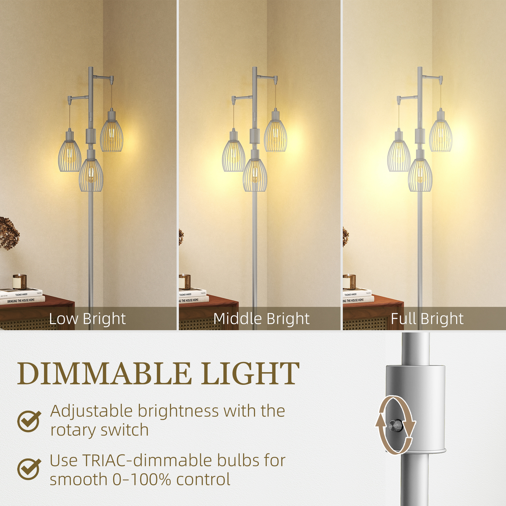 HOMCOM 3-Light Floor Lamp, 170cm Industrial Dimmable Standing Lamp with Steel Wire Cage Lampshades for Living Room, Bedroom, Dining Room, Study, Bulb Not Included, Silver Tone 4