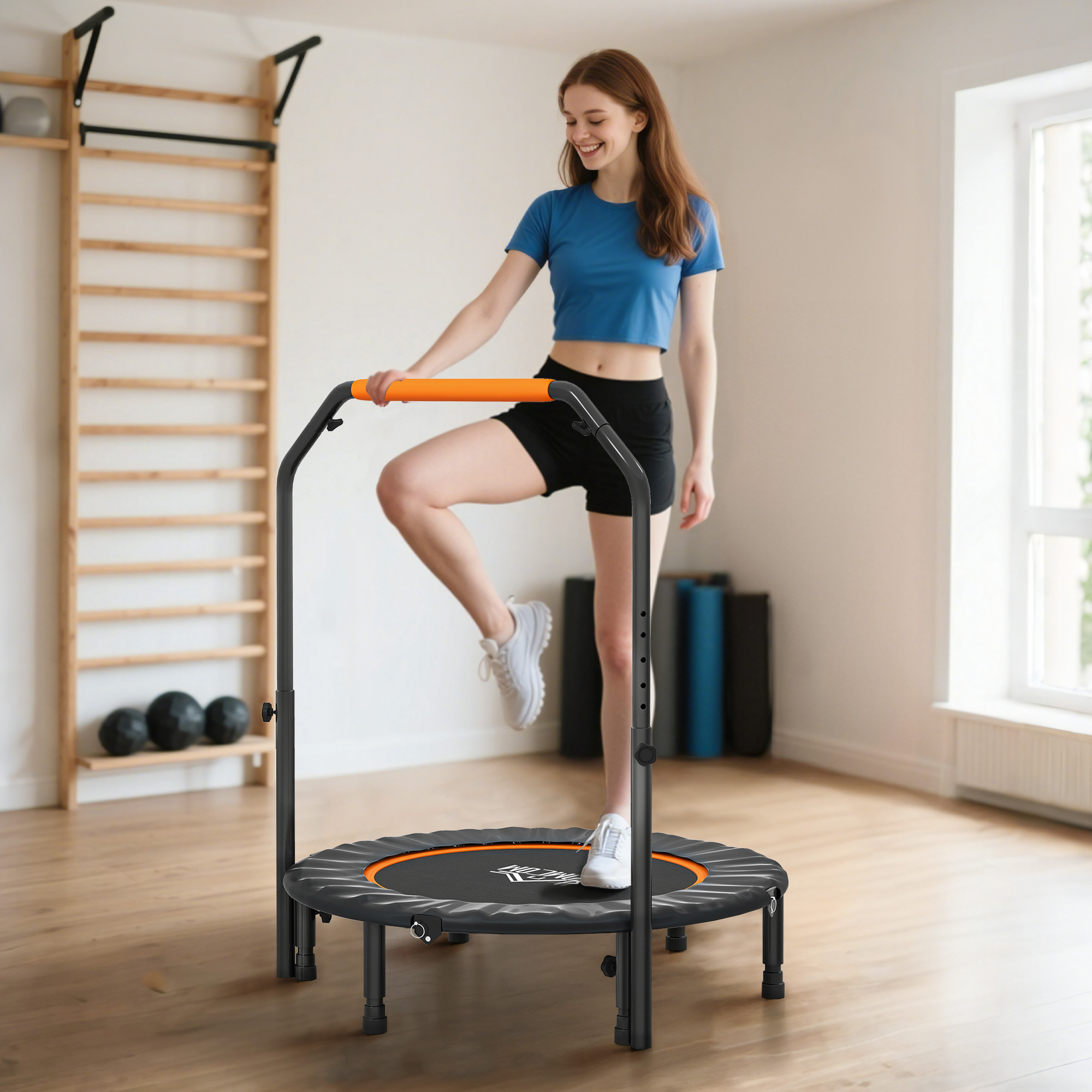 HOMCOM 40" Foldable Mini Fitness Trampoline, with Adjustable Foam Handle, Orange 2