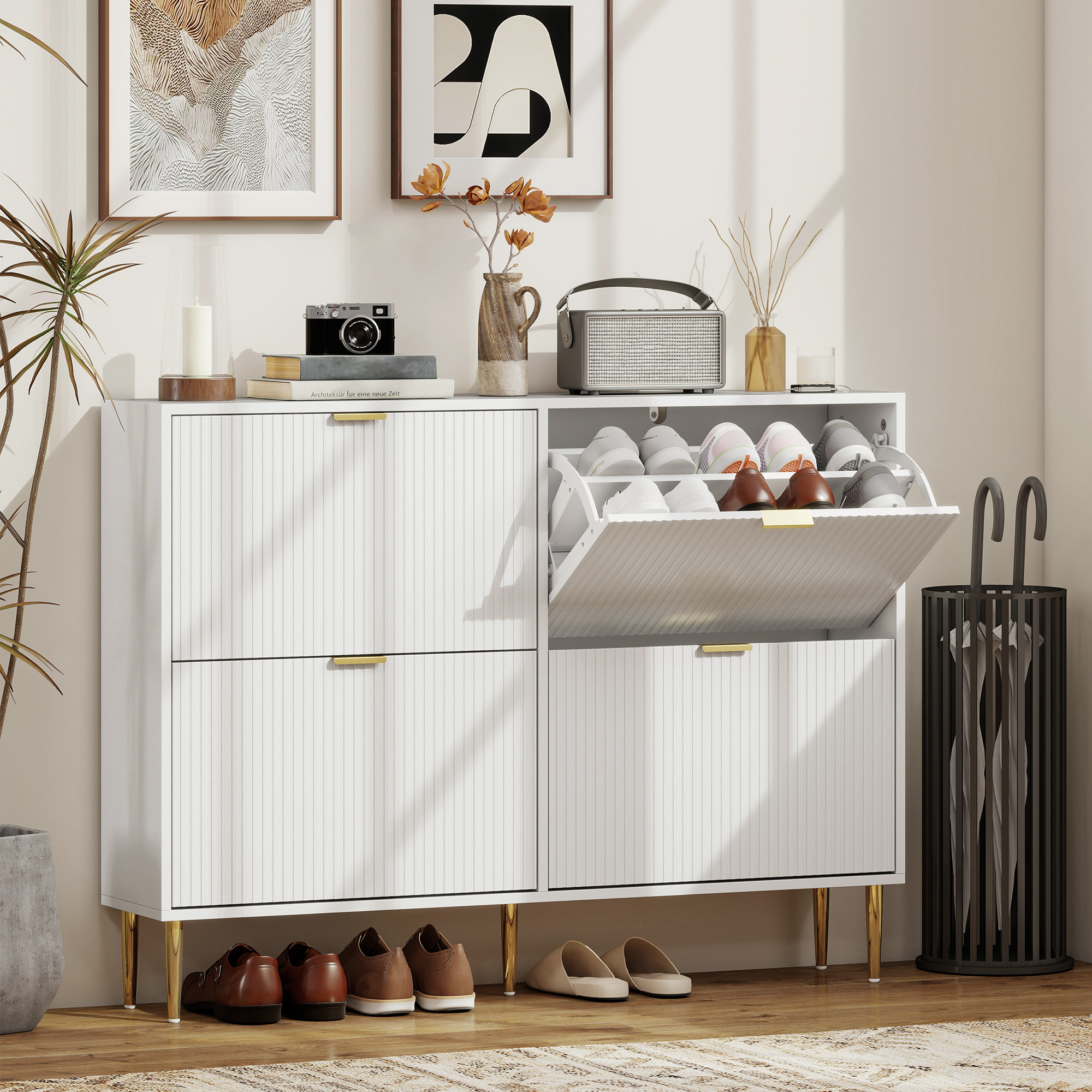 HOMCOM Narrow Shoe Cabinet with 4 Flip Drawers White 2