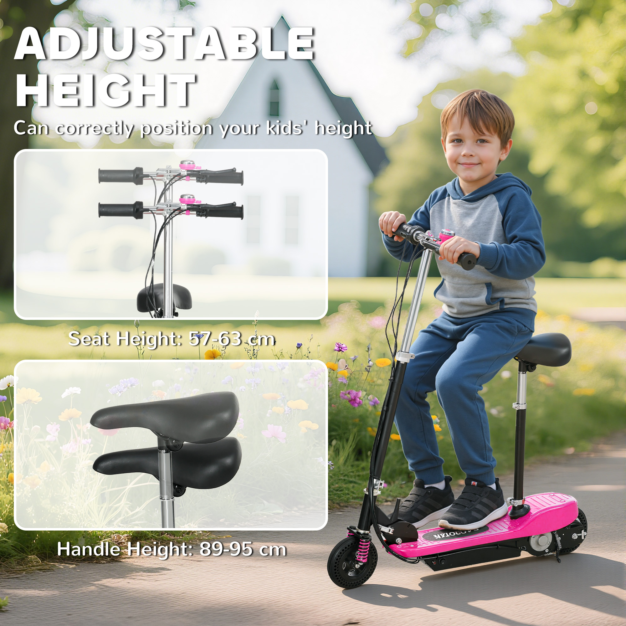 HOMCOM Steel Ride on Powered Scooter, Folding E-Scooter with Warning Bell, 15km/h Maximum Speed, for 6-14 Years Old, Pink 8