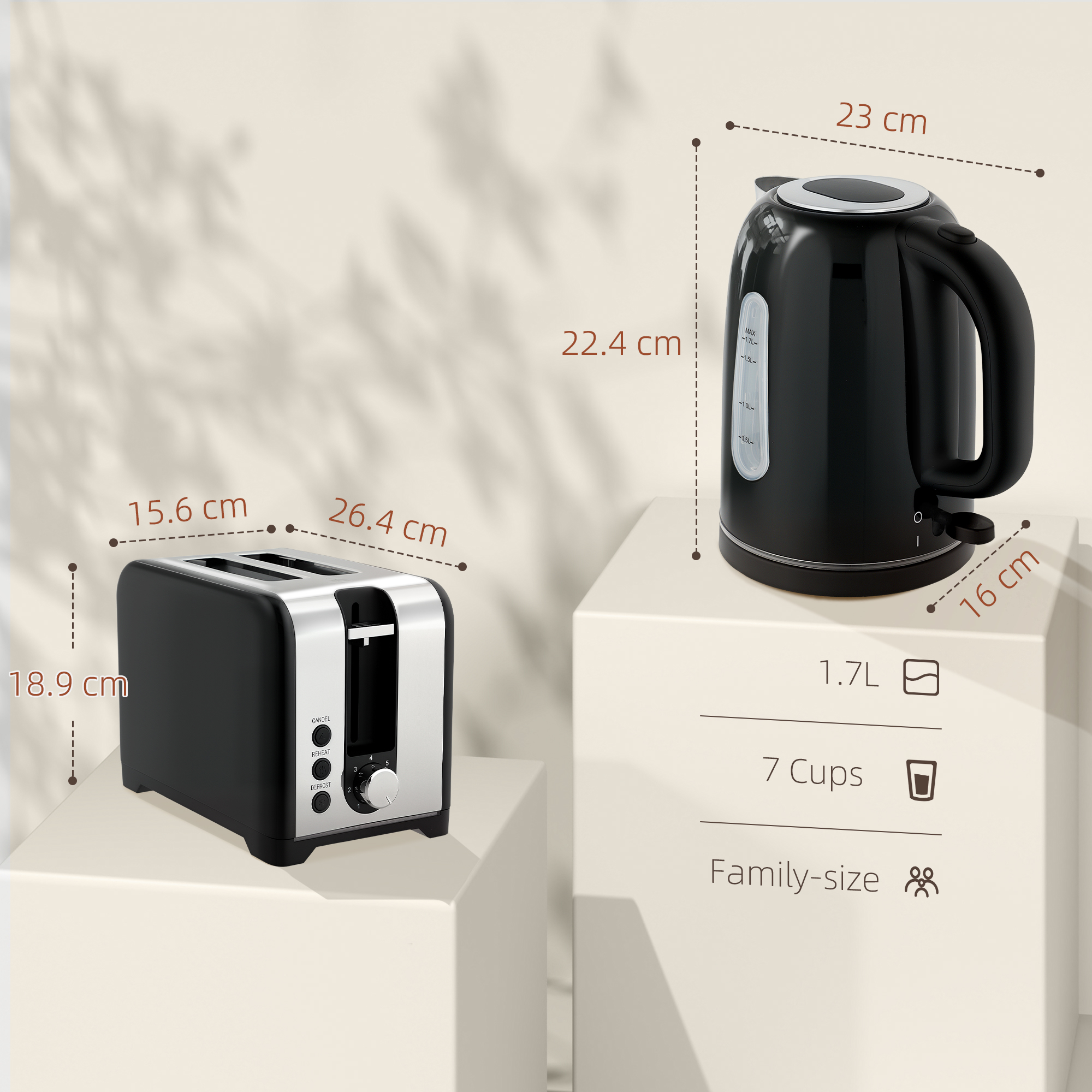 HOMCOM Simple Polished Toaster and Kettle Set Black 3