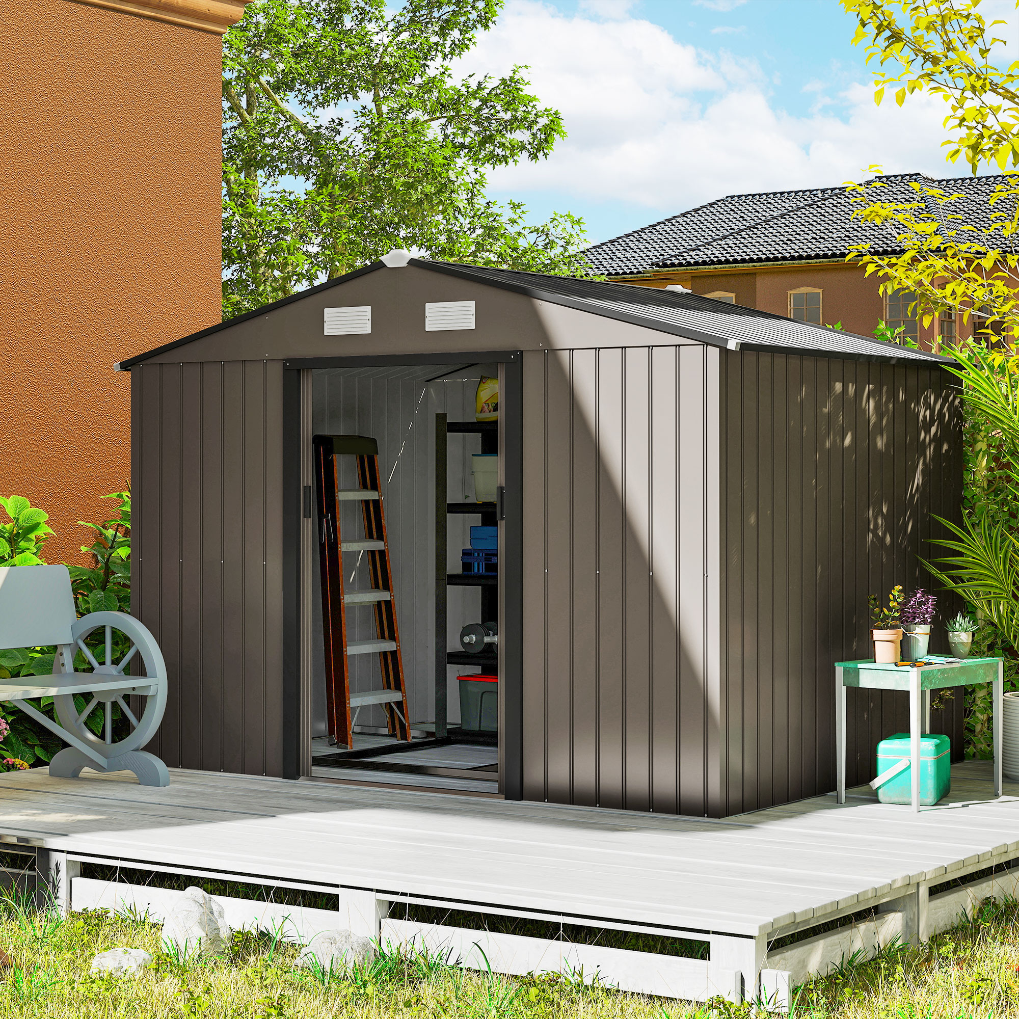 Outsunny 9 x 6ft Metal Garden Shed, Outdoor Storage Tool House with Ventilation Slots, Foundation Kit and Lockable Double Doors, Brown 2