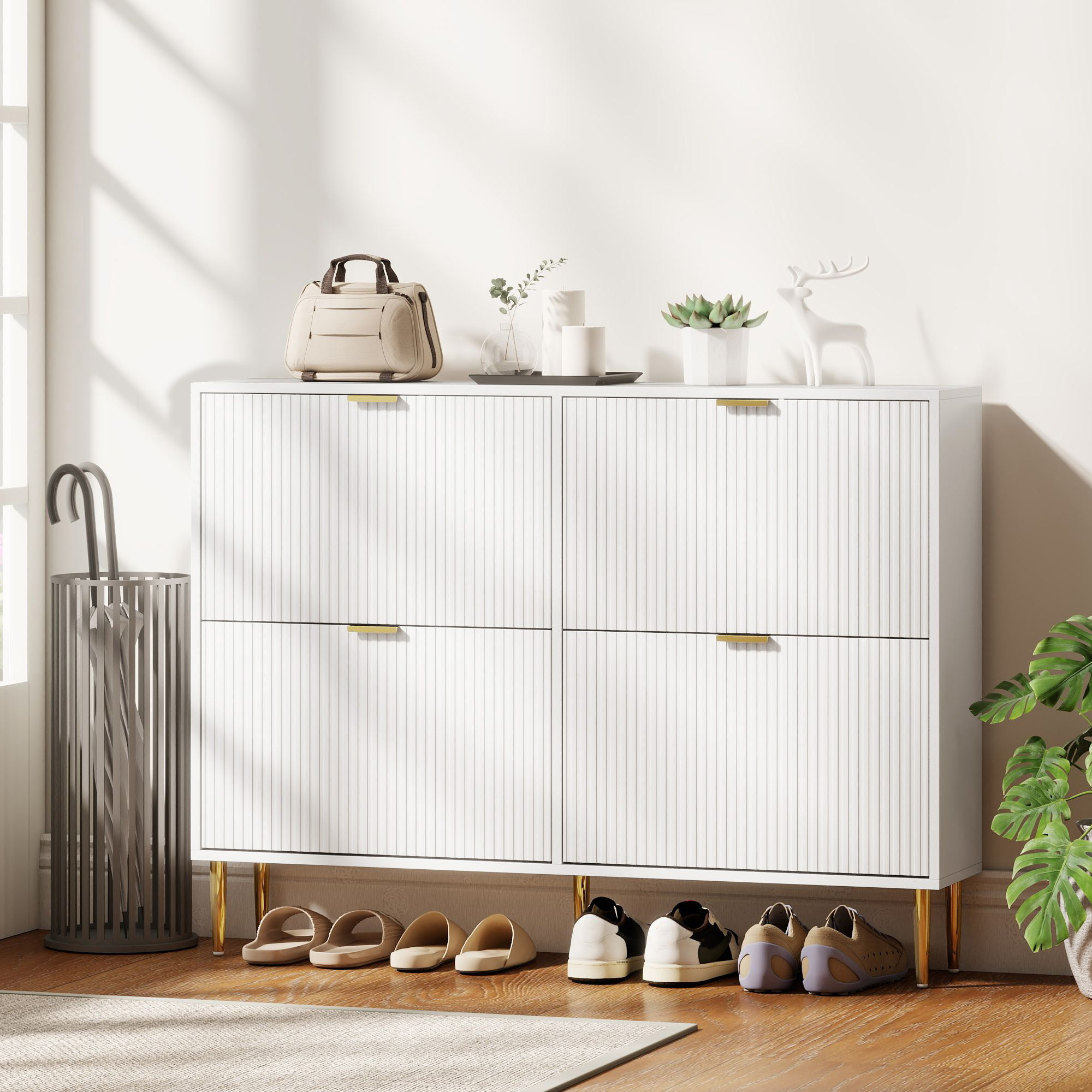 HOMCOM Narrow Shoe Cabinet with 4 Flip Drawers White 8