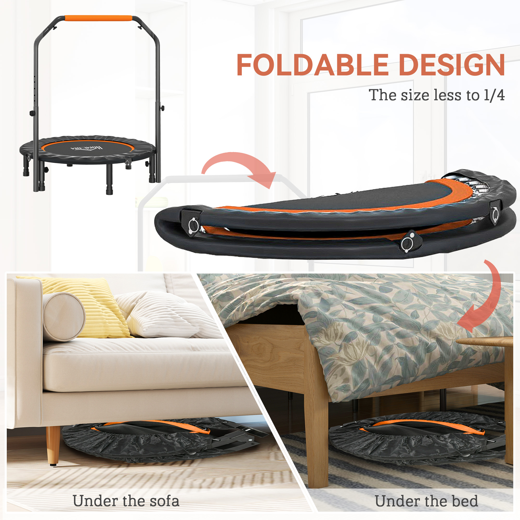 HOMCOM 40" Foldable Mini Fitness Trampoline, with Adjustable Foam Handle, Orange 5