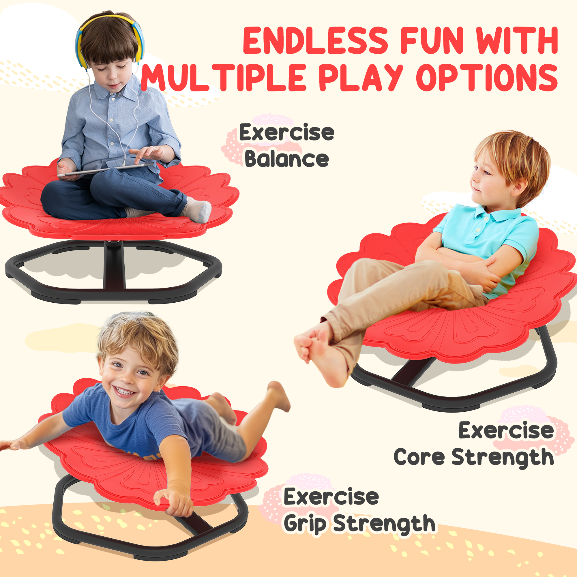 AIYAPLAY Flower-Shaped Sensory Spinning Chair with Non-Slip Base for Balance/Coordination, Red 4