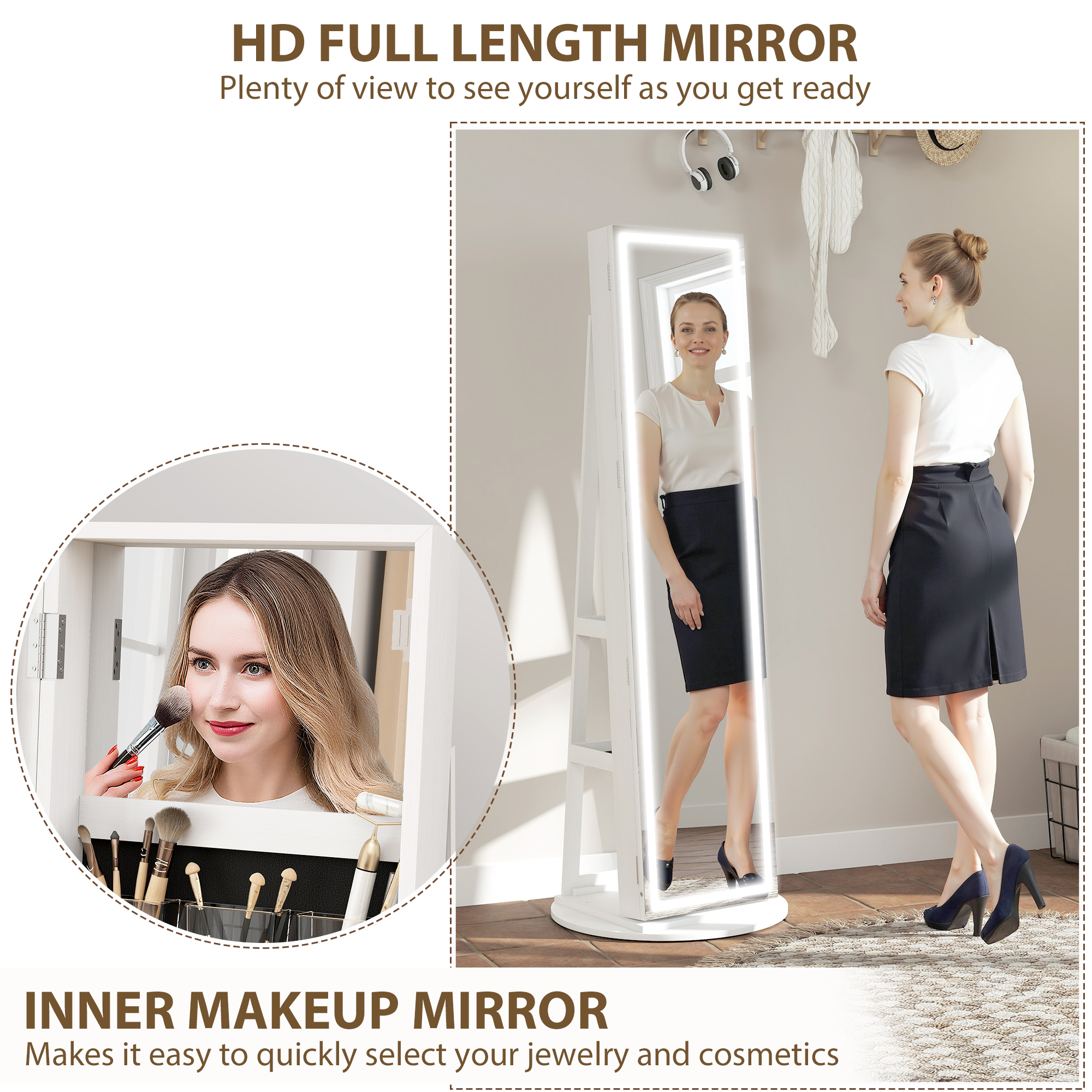 HOMCOM Storage Jewellery Cabinet, with Mirror and Lights White 8