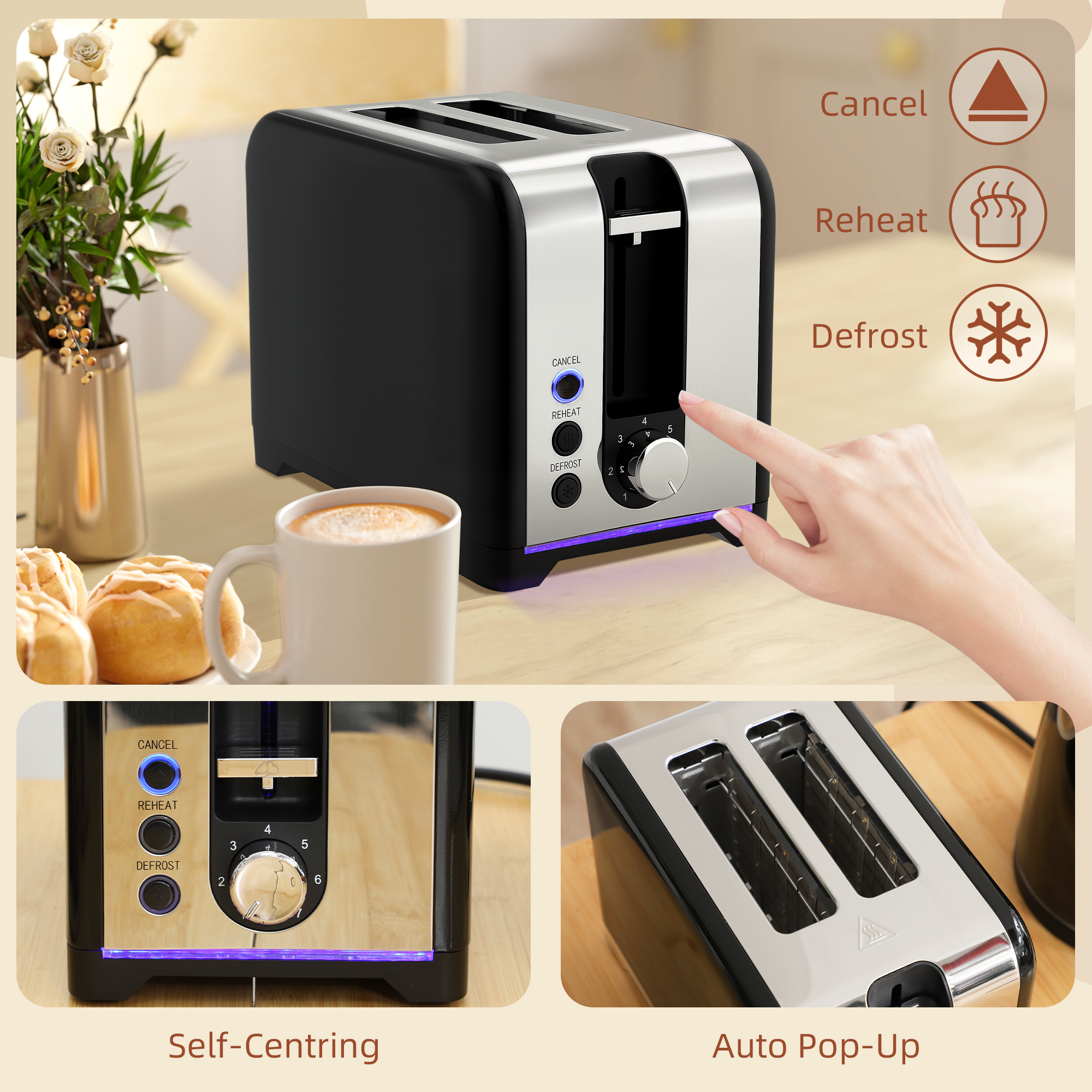 HOMCOM Simple Polished Toaster and Kettle Set Black 8