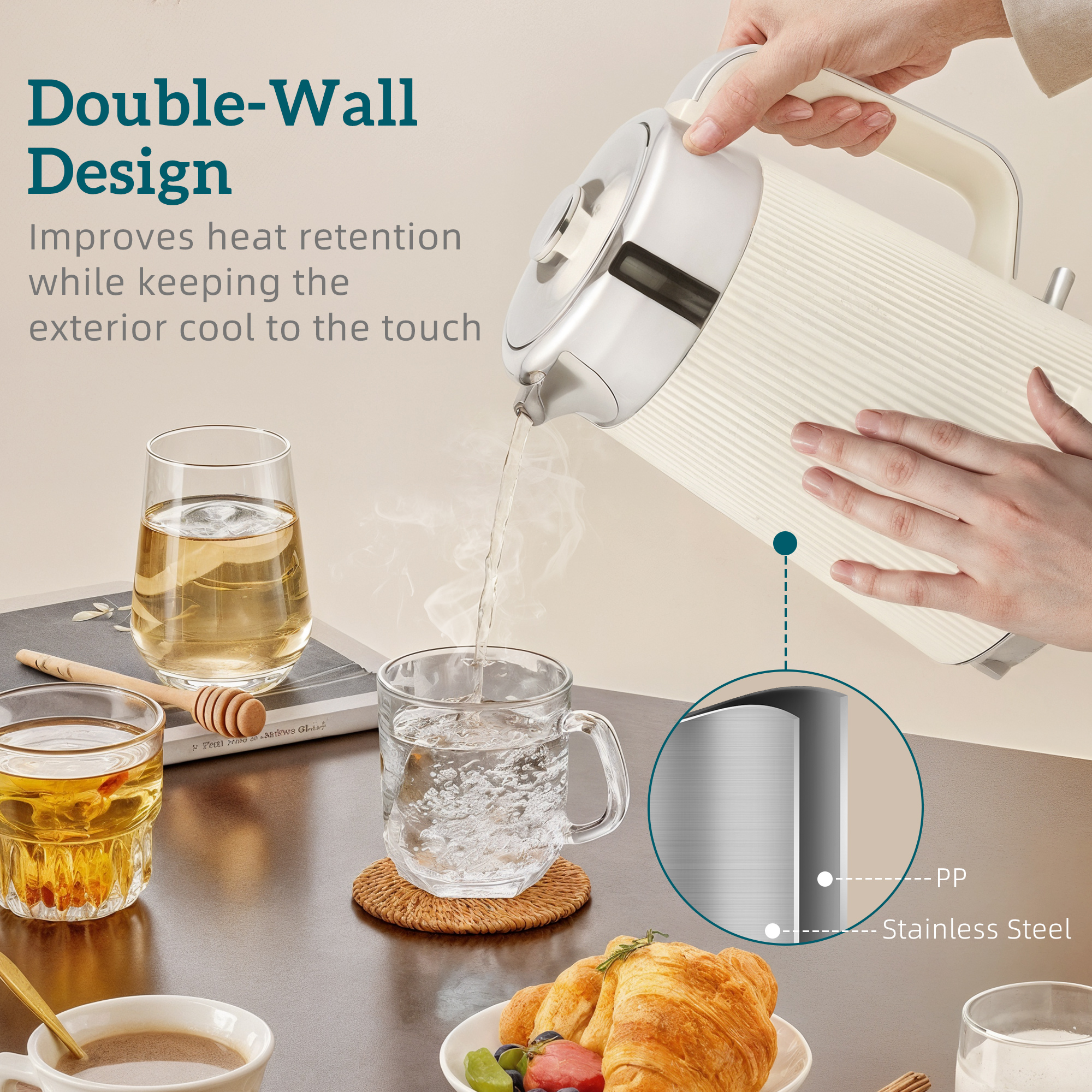 HOMCOM Electric Stainless Steel Kettle and Toaster Set, 3000W 1.7L UK Strix Thermostat Fast Boil Kettle w/ Limescale Filter, Cool Touch Body, 4 Slice Toaster with 7 Browning Levels, Crumb Tray, Cream 5