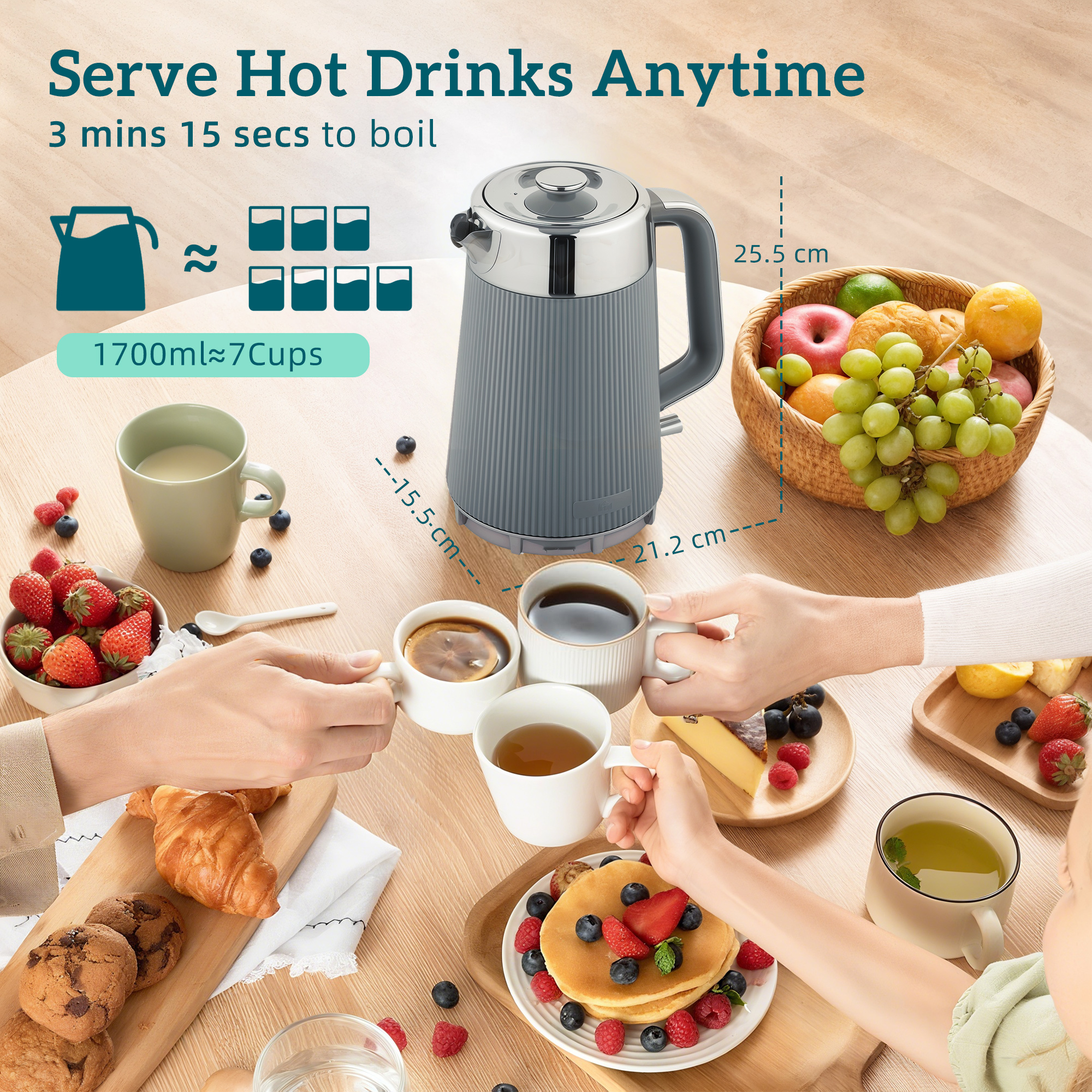 HOMCOM Electric Stainless Steel Kettle and Toaster Set, 3000W 1.7L UK Strix Thermostat Fast Boil Kettle w/ Limescale Filter, Cool Touch Body, 4 Slice Toaster with 7 Browning Levels, Crumb Tray, Grey 3