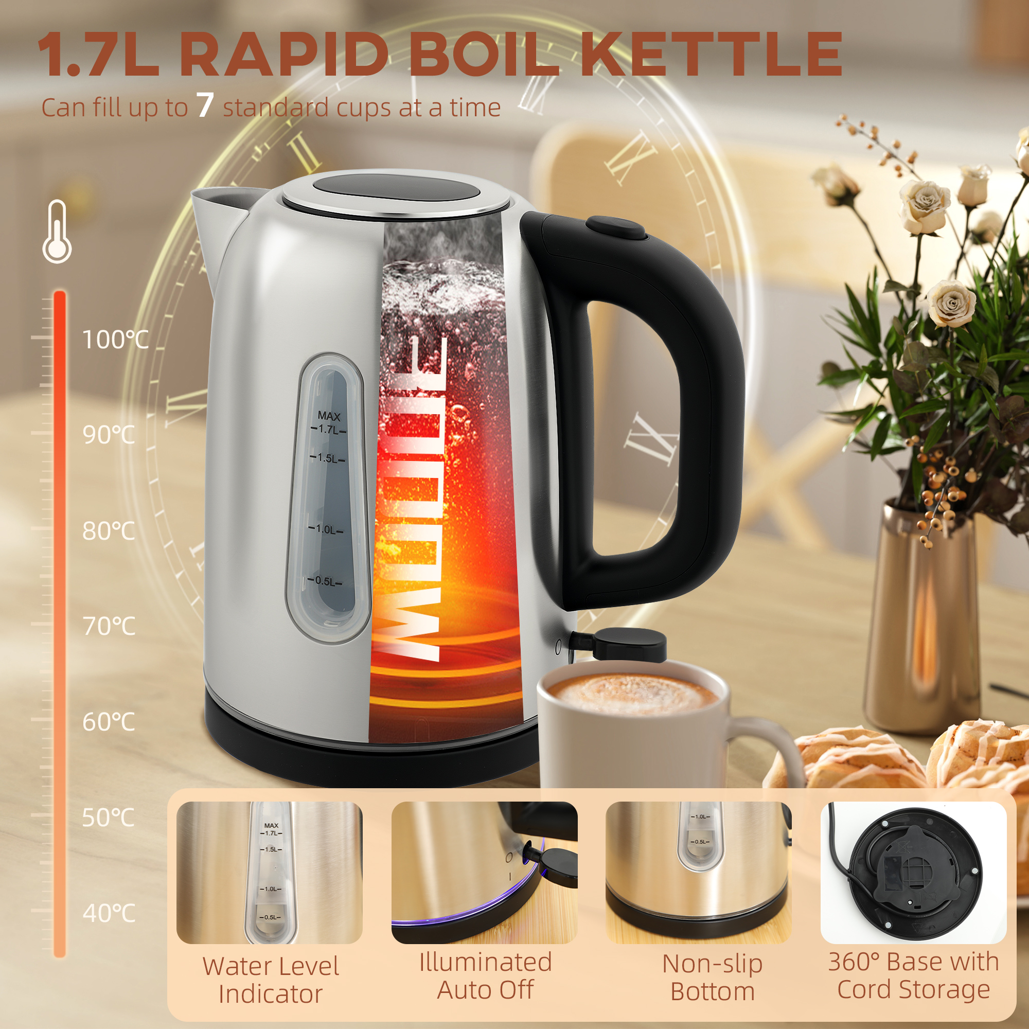 HOMCOM Simple Polished Toaster and Kettle Set Silver Tone 4