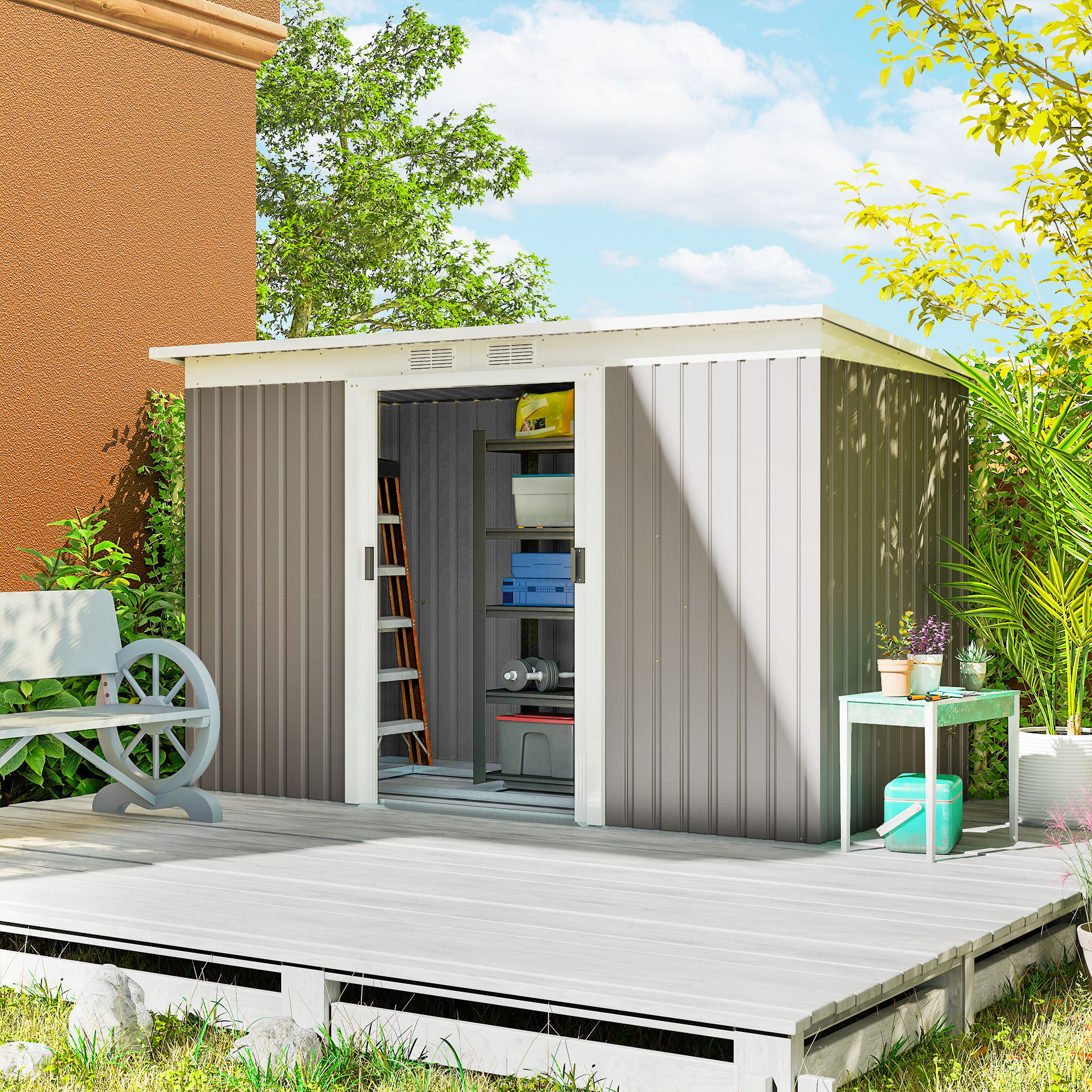 Outsunny Corrugated Garden Metal Storage Shed Outdoor Equipment Tool Box with Kit Ventilation Doors 9x 4FT Light Grey 2