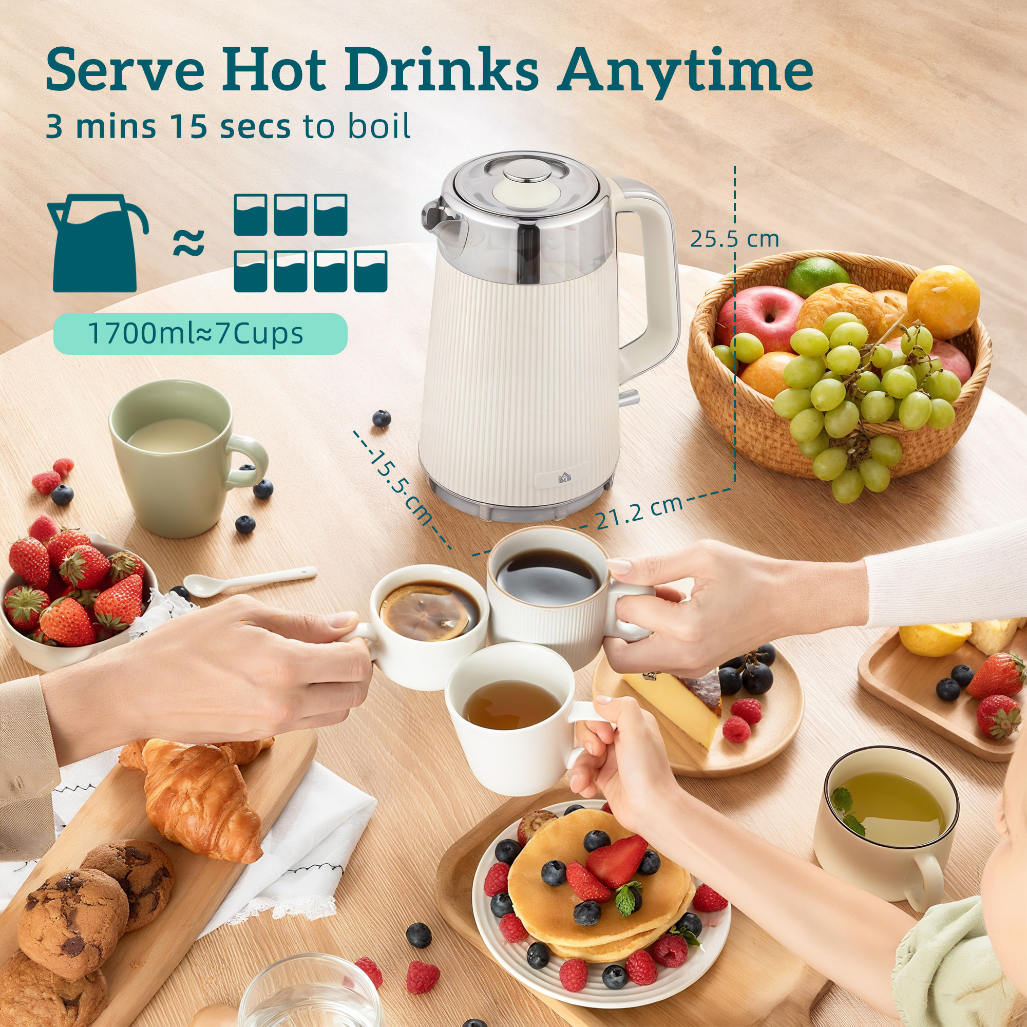 HOMCOM Electric Stainless Steel Kettle and Toaster Set, 3000W 1.7L UK Strix Thermostat Fast Boil Kettle w/ Limescale Filter, Cool Touch Body, 4 Slice Toaster with 7 Browning Levels, Crumb Tray, Cream 3