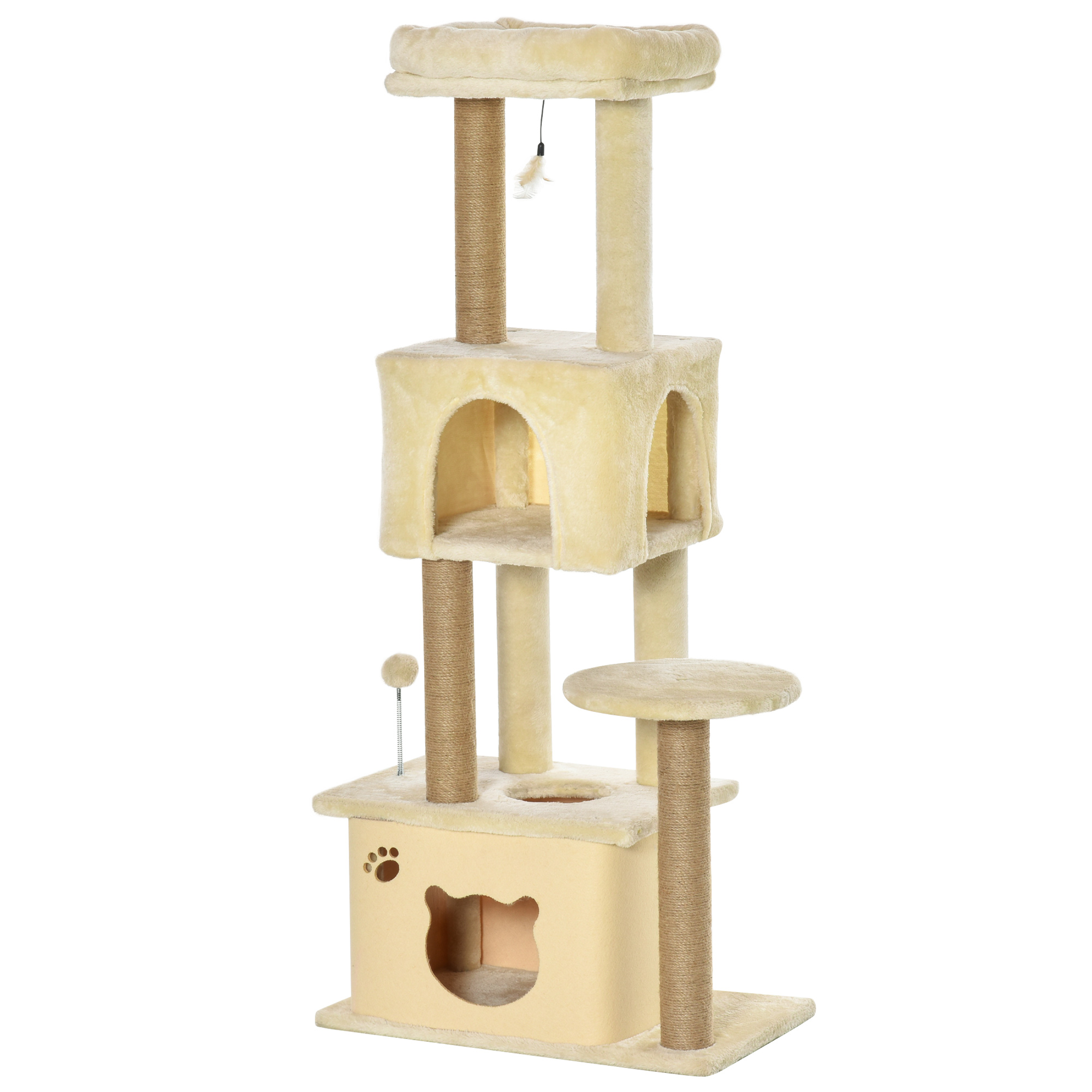 Comparer les prix de PawHut Arbre Griffoir pour Chats de 136 cm avec Niche Amovible, Maisonnette et Lit, Poteaux en Jute, Beige