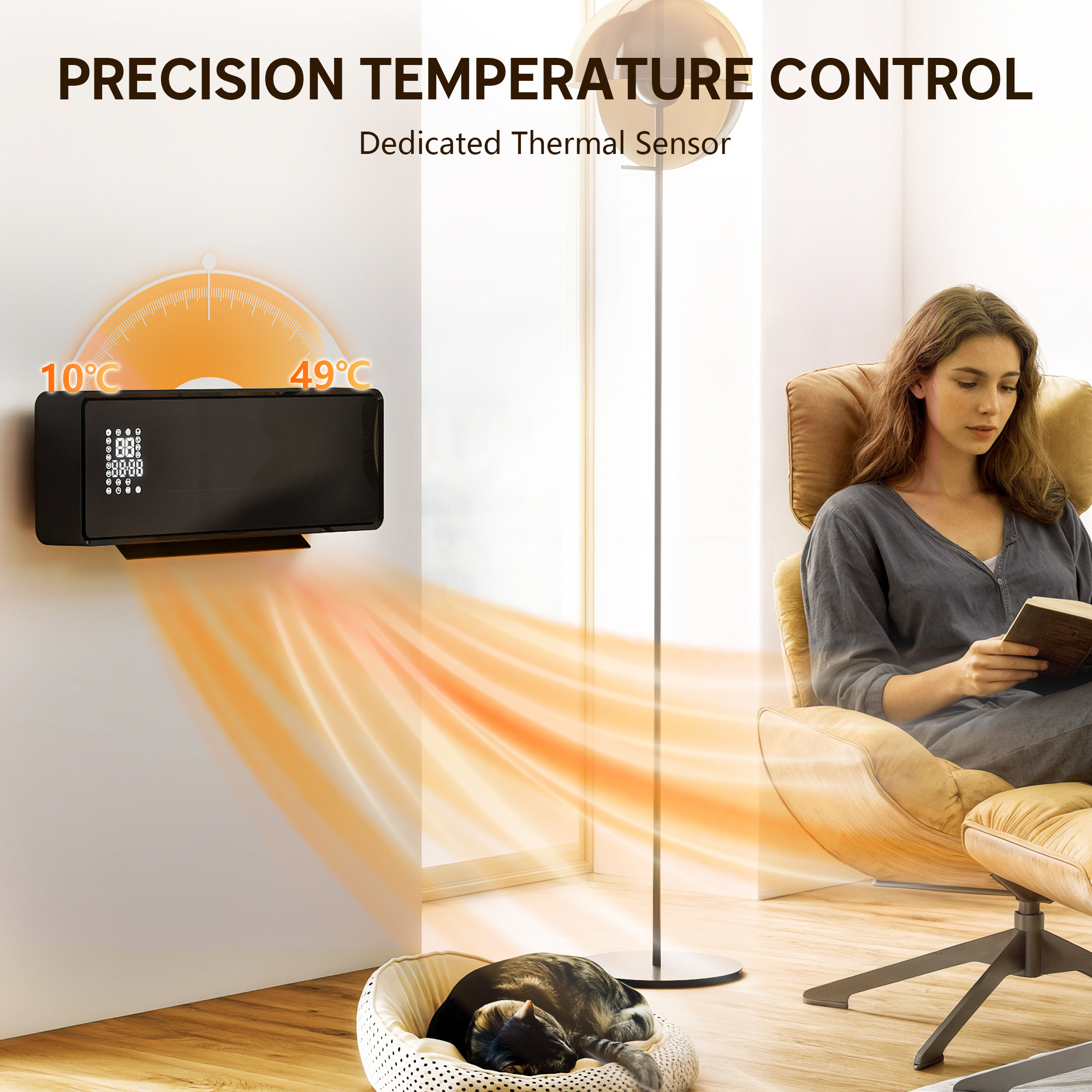 HOMCOM 2000W Ceramic Electric Heater with Fan, Adjustable Thermostat, Wall Mounted Black 7