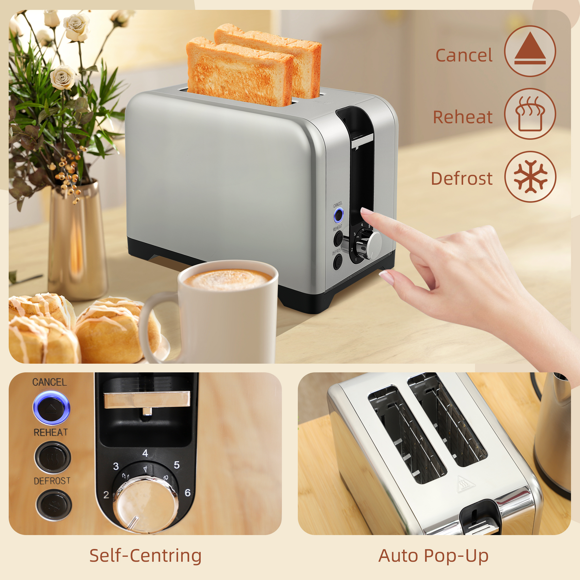 HOMCOM Simple Polished Toaster and Kettle Set Silver Tone 8