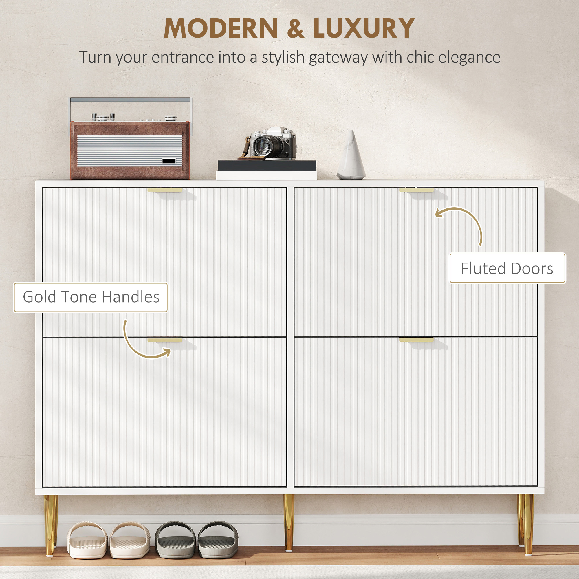 HOMCOM Narrow Shoe Cabinet with 4 Flip Drawers White 4