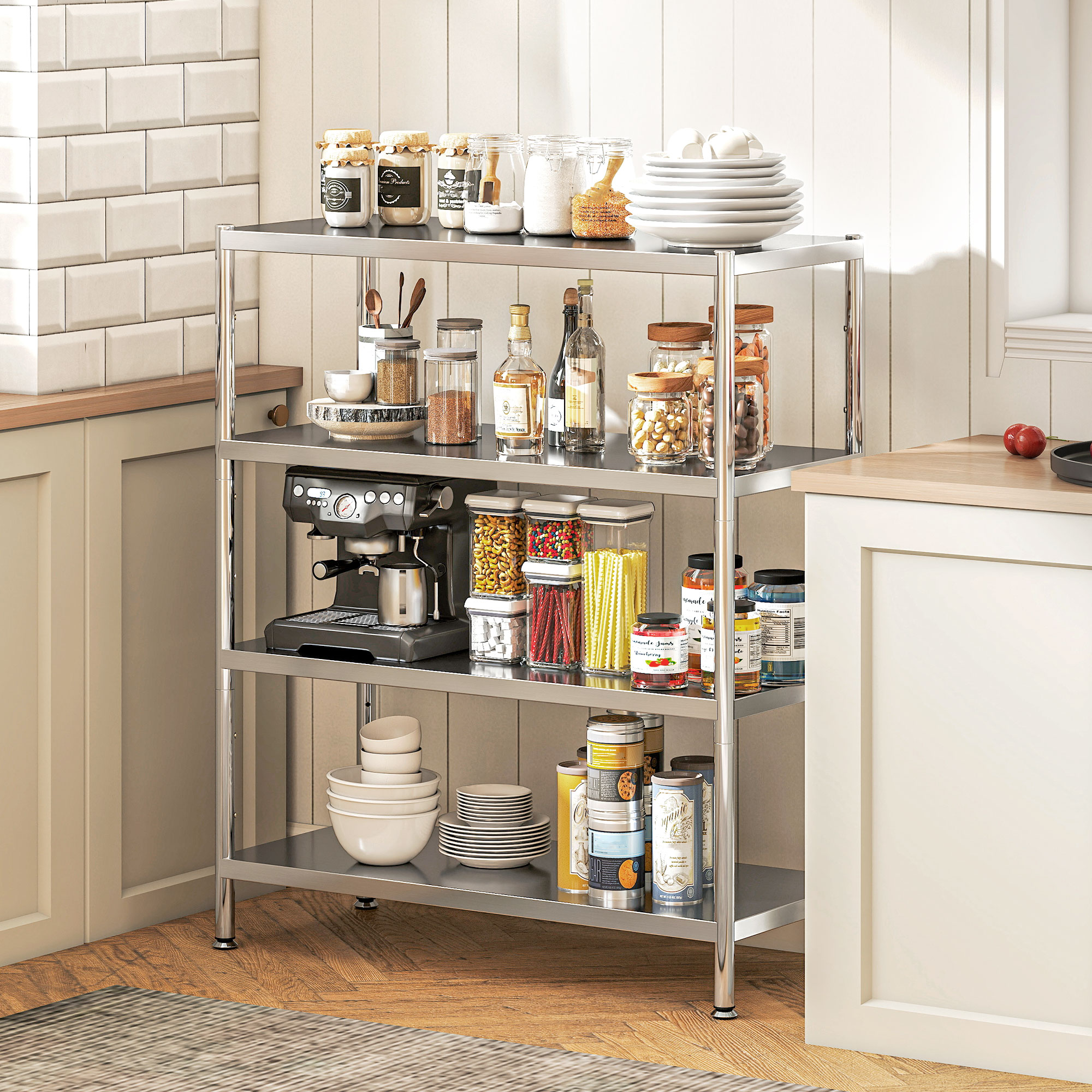 HOMCOM 4-Tier Bakers Rack with Storage, Stainless Steel Microwave Stand with Adjustable Shelves for Small Spaces, Kitchen Storage Unit for Spices, Pots and Pans, Silver Tone 2