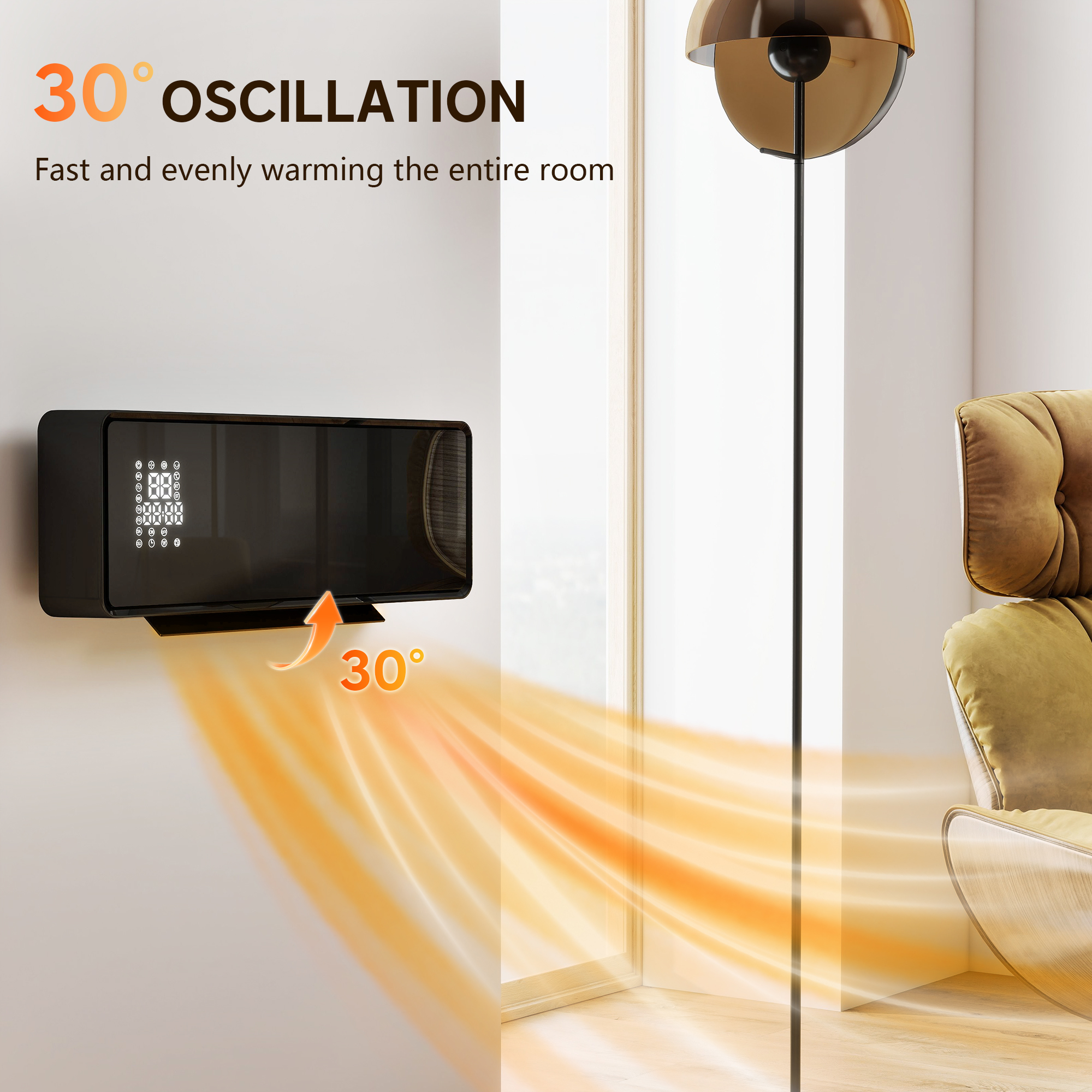 HOMCOM 2000W Ceramic Electric Heater with Fan, Adjustable Thermostat, Wall Mounted Black 6