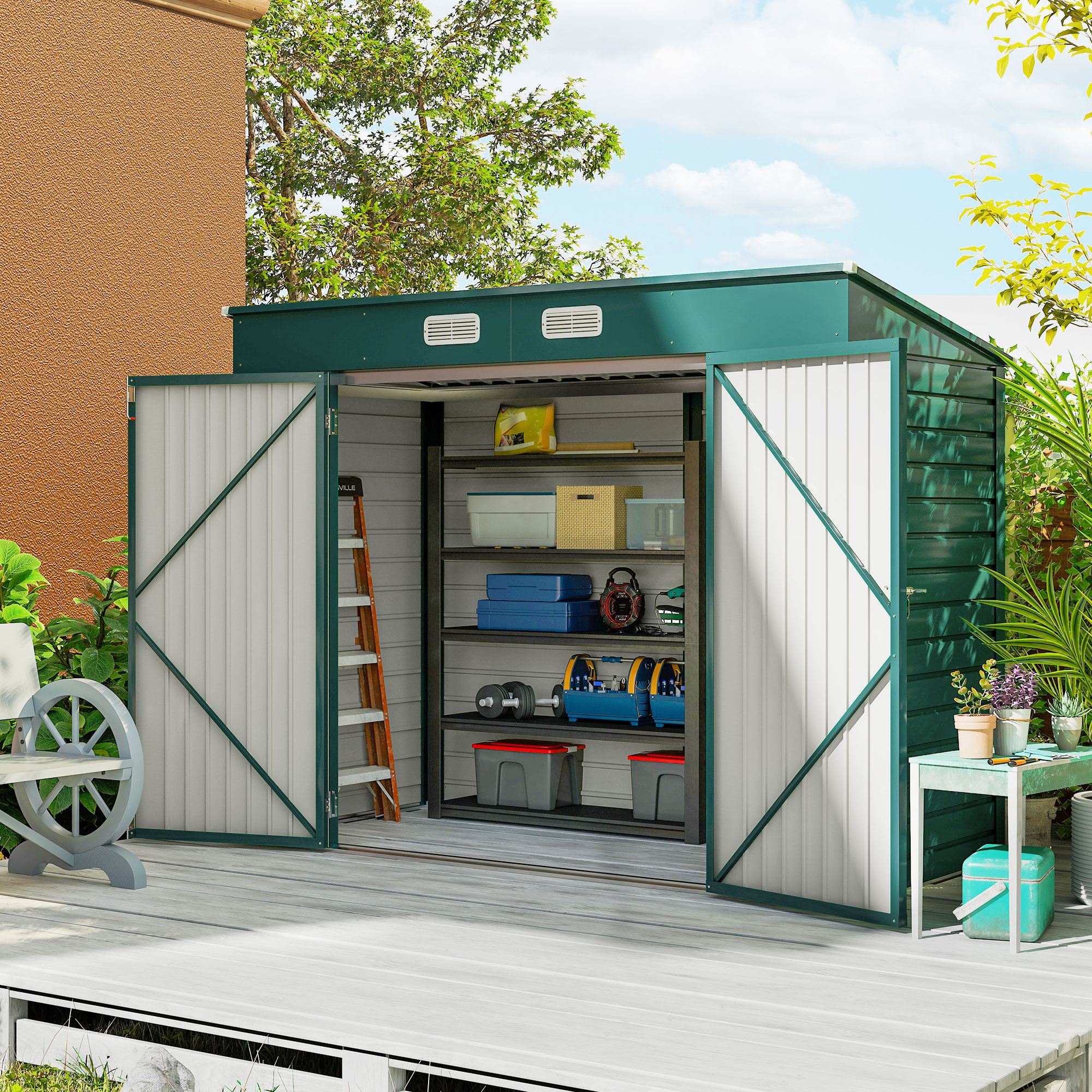 Outsunny 3.7 x 7.9ft Galvanised Steel Shed, with Latched Door and Padlock Green 2