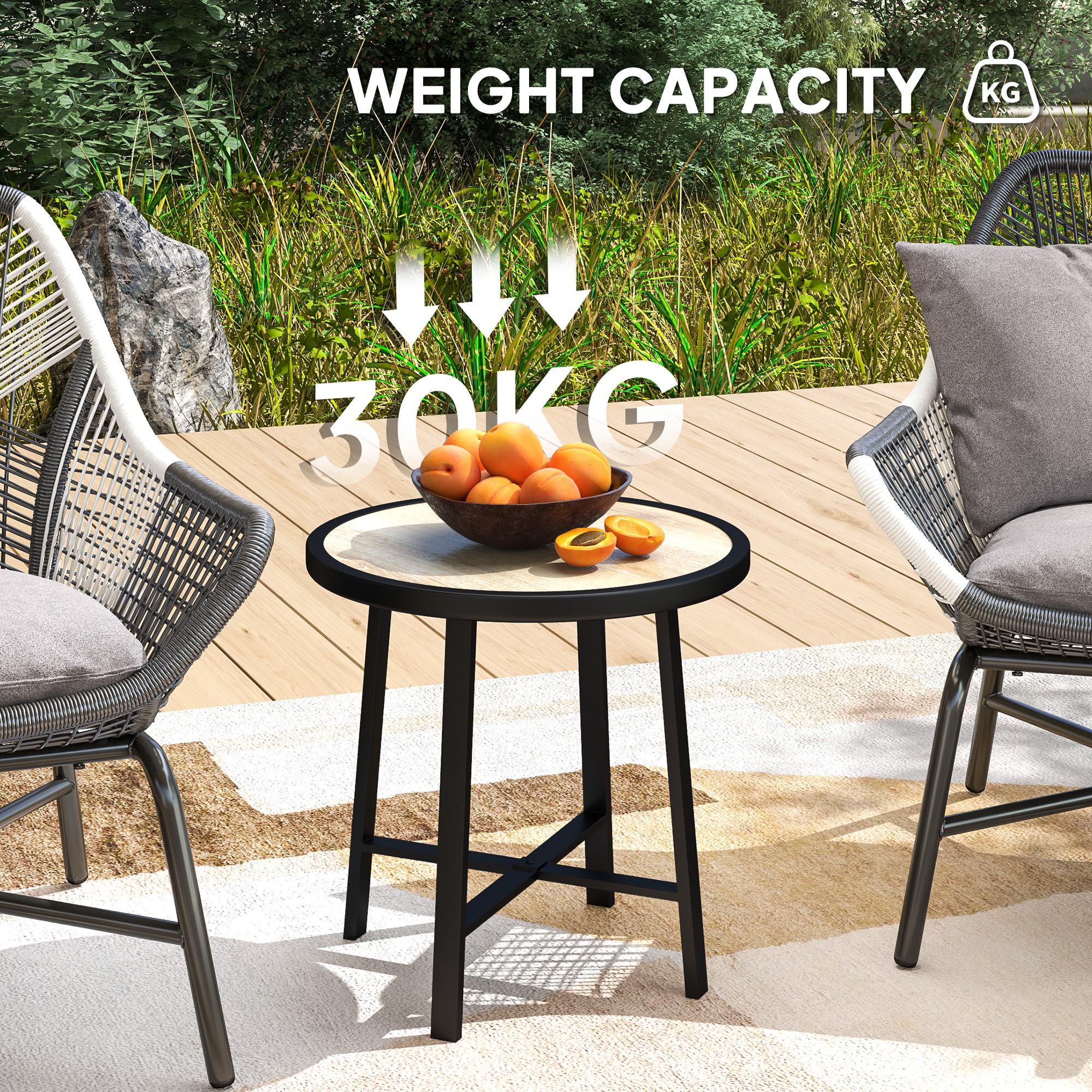 Outsunny Round Small Garden Table, 50.5cm Outdoor Side Table with SPC Tabletop, Metal Frame and Anti-slip Foot Pads for Garden, Balcony, Nature Wood Finish 6