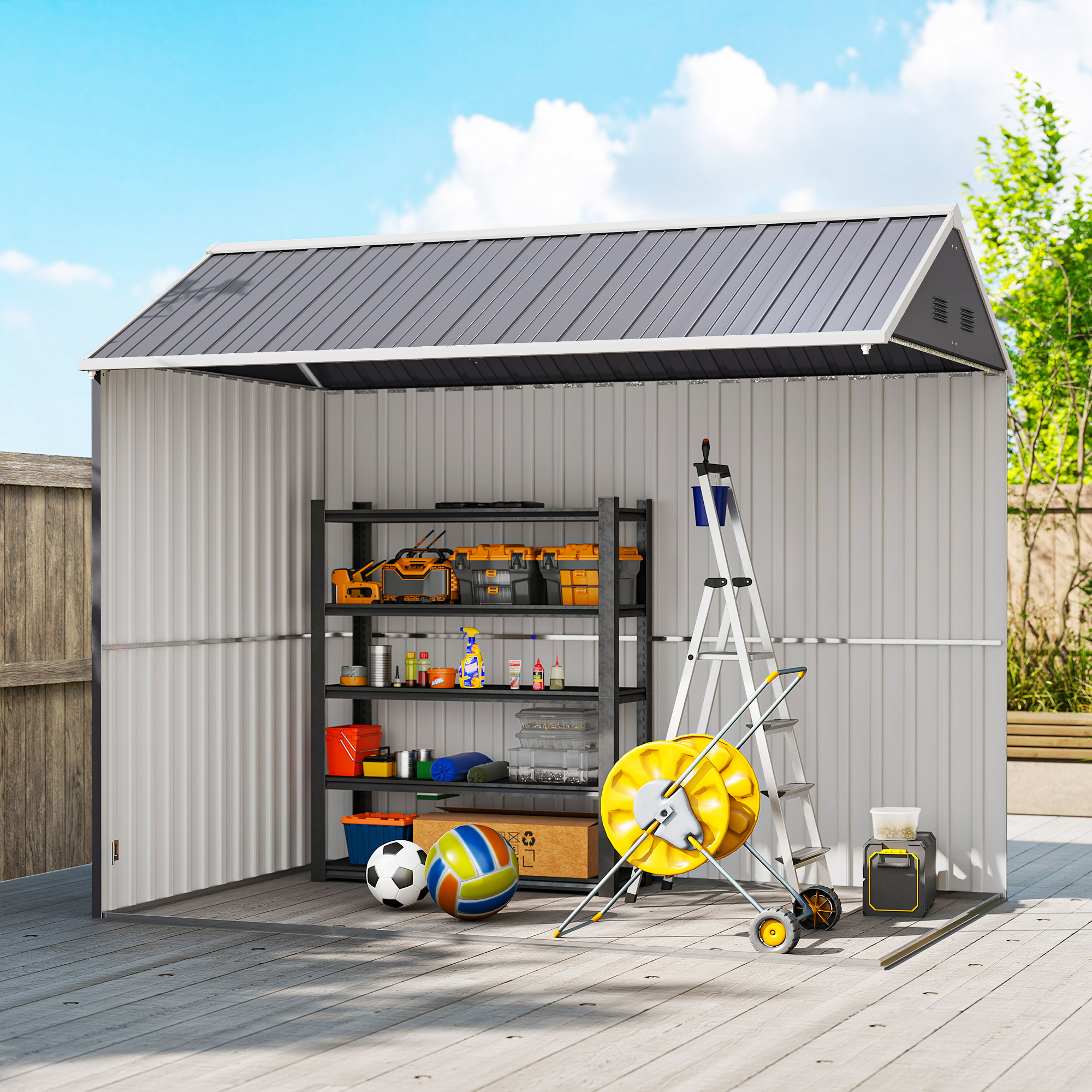 Outsunny 8 x 6 ft Galvanised Garden Shed, Outsoor Metal Storage Shed with Double Doors Window Air Vents for Patio, Lawn, Grey 8