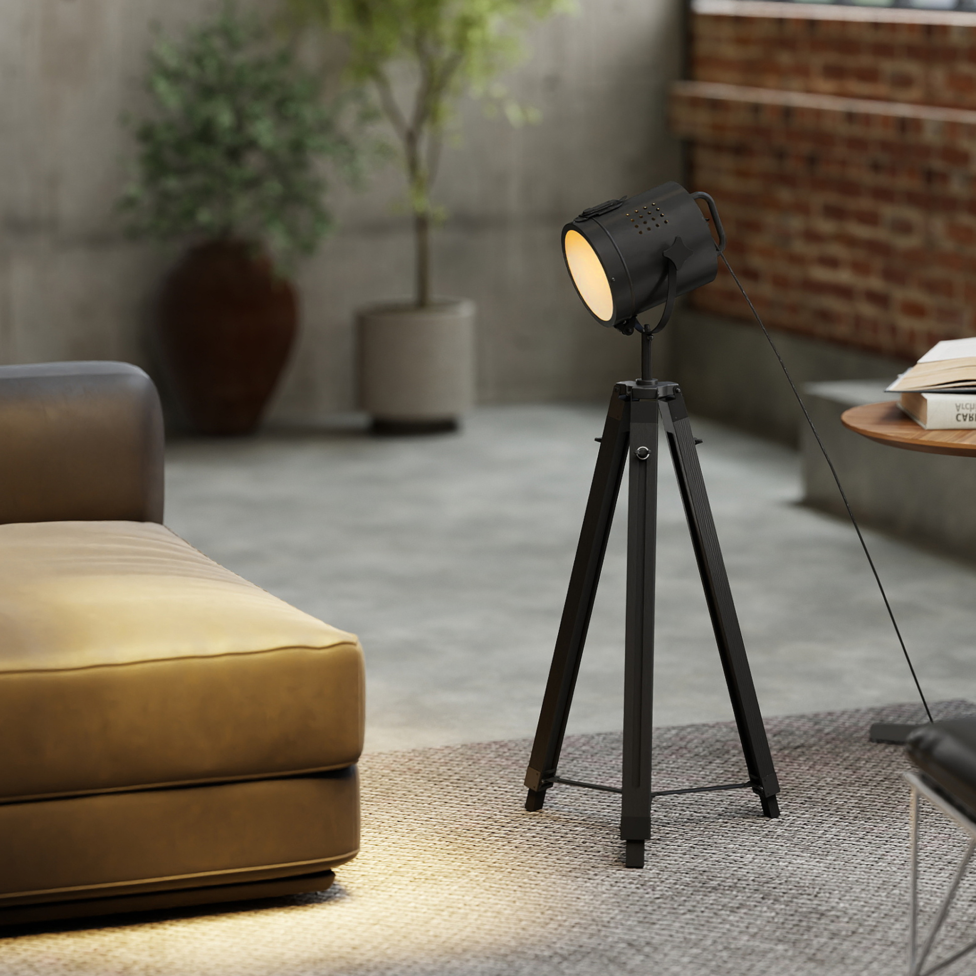 HOMCOM Industrial Tripod Floor Lamp, Nautical Searchlight with Adjustable Height, Wood Legs, E14 Lamp Base for Living Room, Bedroom, Black 8