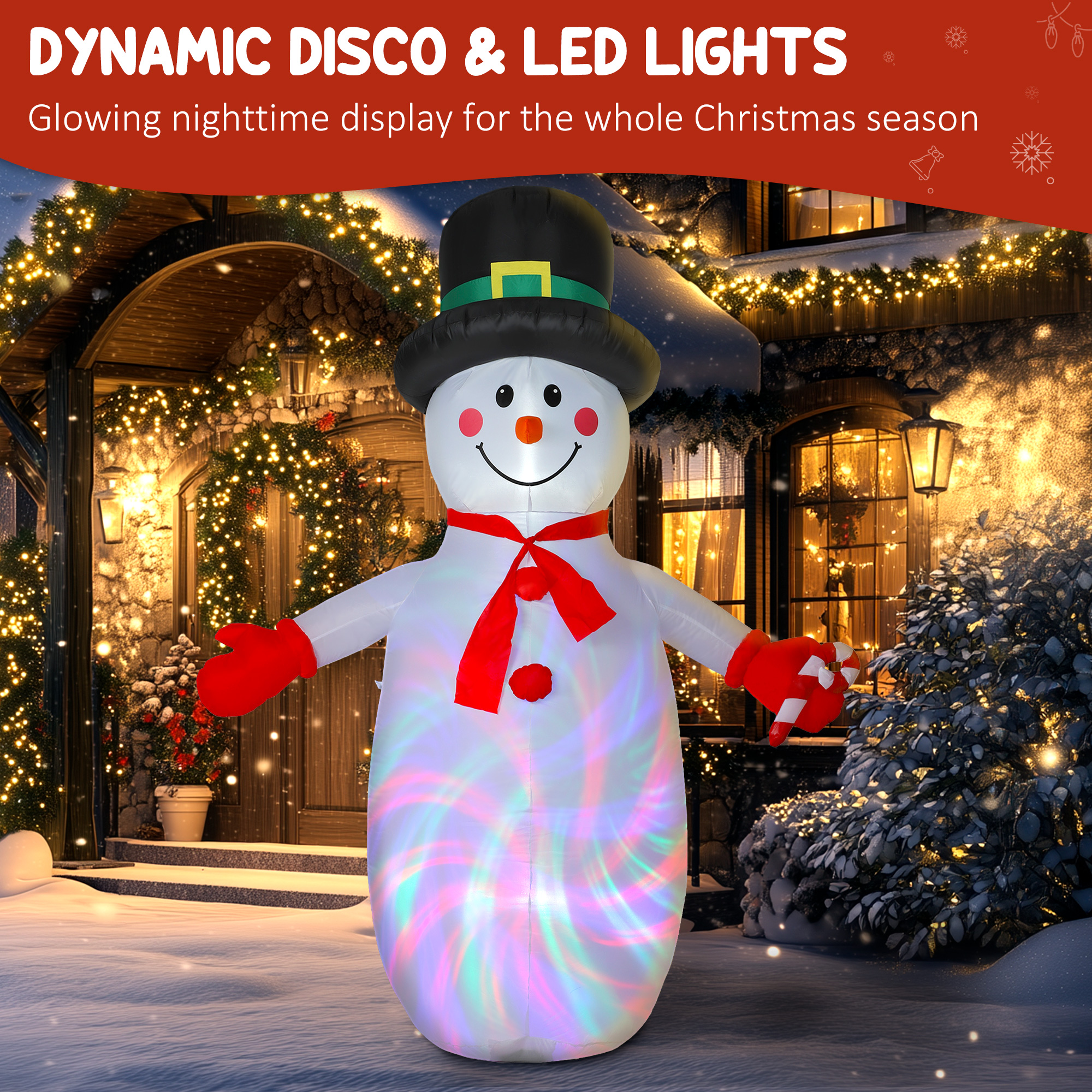 Outsunny 8FT Christmas Inflatable Outdoor Decoration with Dynamic Disco & LED Lights, Self-Inflating Christmas Blow Up Snowman for Garden, Indoor Outdoor Home Decor 4