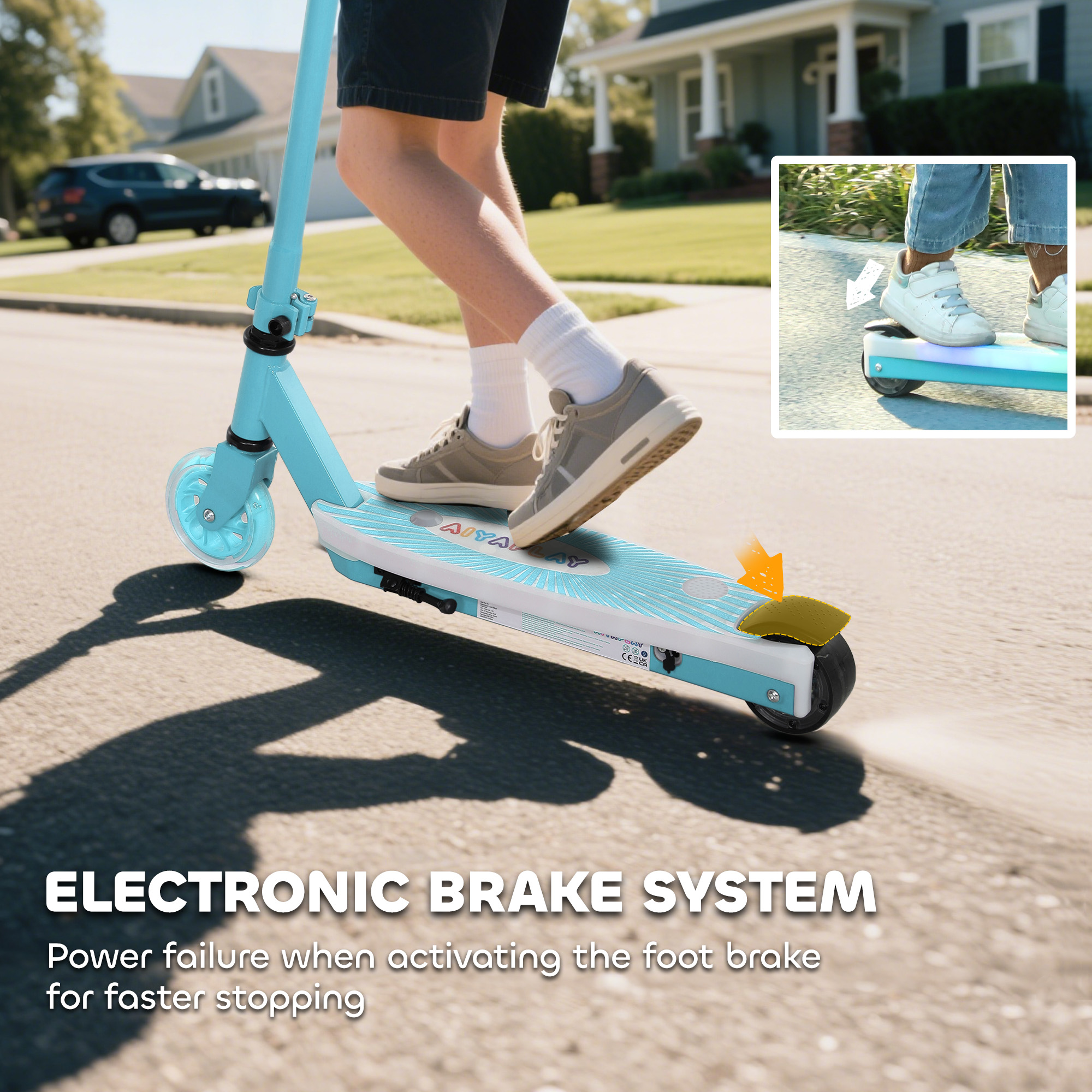 AIYAPLAY Electric Scooter for Kids Aged 4-7 Years, with Flashing LED Lights, Rear Auxiliary Wheels, Blue 8