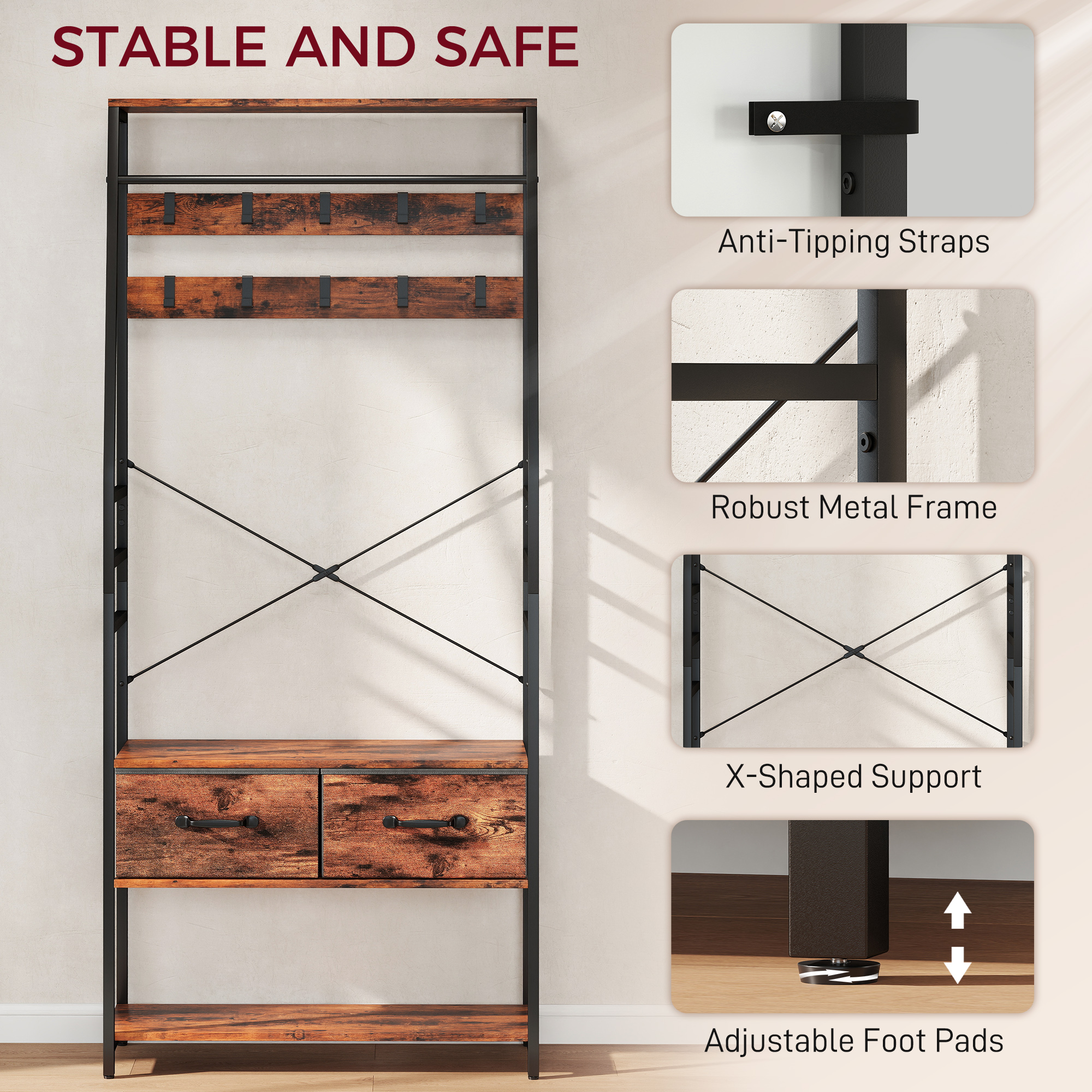 HOMCOM 6-in-1 Industrial-Style Hallway Organiser Brown/Black 7