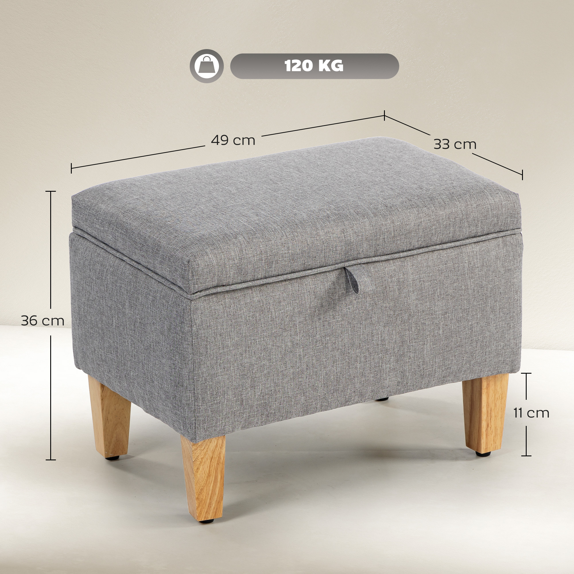 HOMCOM 16L Linen Storage Ottoman Padded Footstool with Rubberwood Legs for Storage Box, Bed End, Shoe Bench, Seating, Light Grey 3