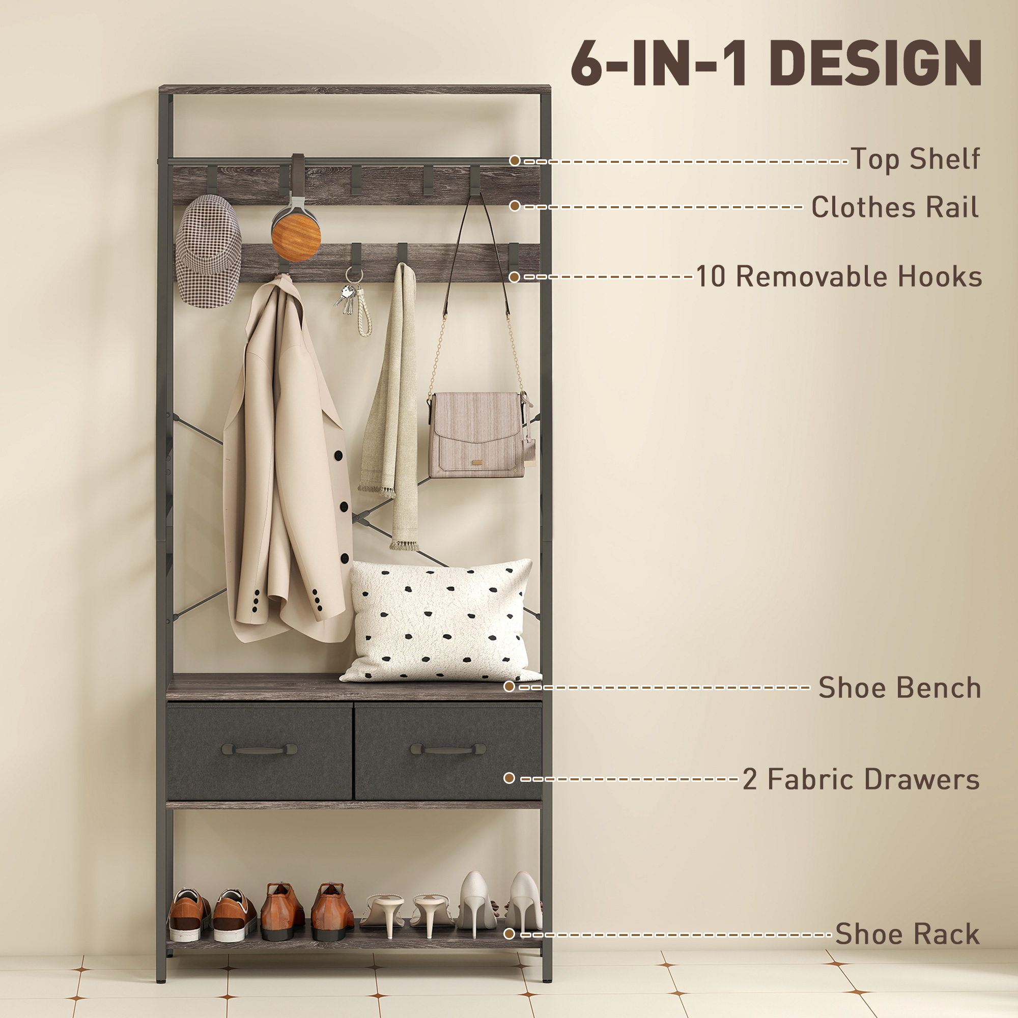 HOMCOM Coat Rack with Shoe Storage, Hall Tree, Industrial Coat Stand with Shoe Bench, 10 Removable Hooks, 2 Fabric Drawers and Clothes Rail for Entryway, Hallway, Grey 4