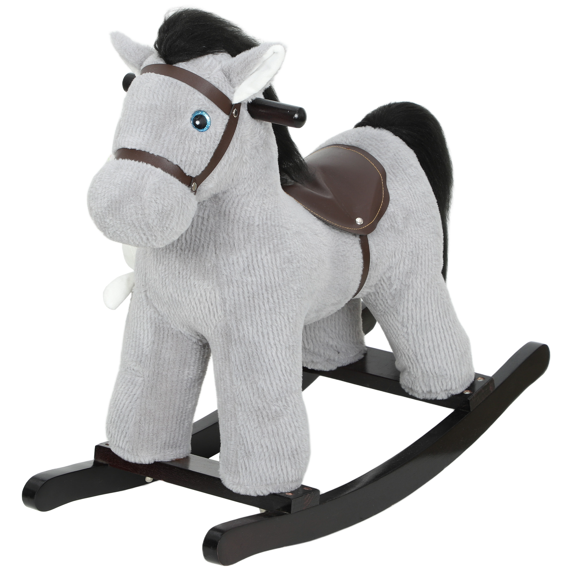 AIYAPLAY Caballo balancín para niños, juguete balancín para bebé de peluche con efecto sonoro y muñeca, 71 x 26 x 55 cm, gris   Aosom España