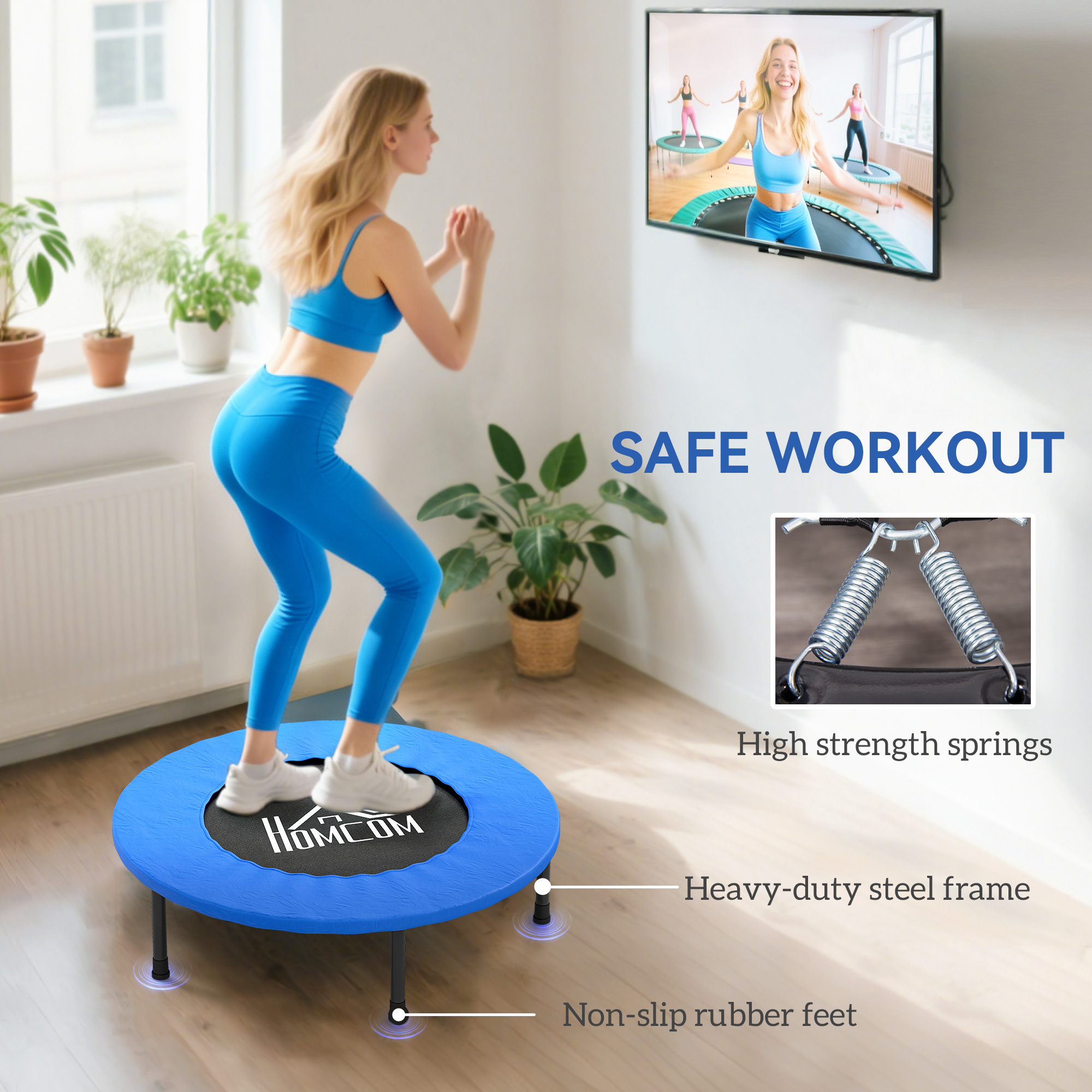 HOMCOM 32" Mini Fitness Trampoline Home Gym Yoga Exercise Rebounder Indoor Outdoor Jumper with Safety Pad, Support Up to 100 KG, Blue and Black 4