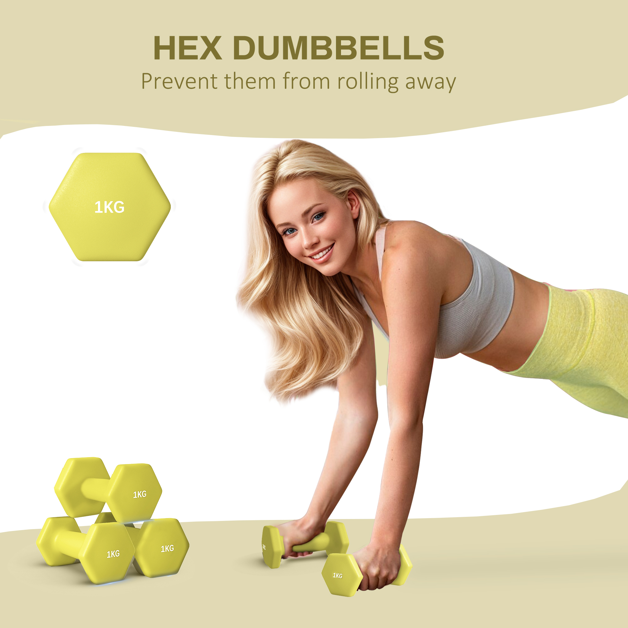 SPORTNOW 2 x 1kg Hexagonal Dumbbells Weights Set with Non-Slip Grip for Home Gym Workout, Yellow 4