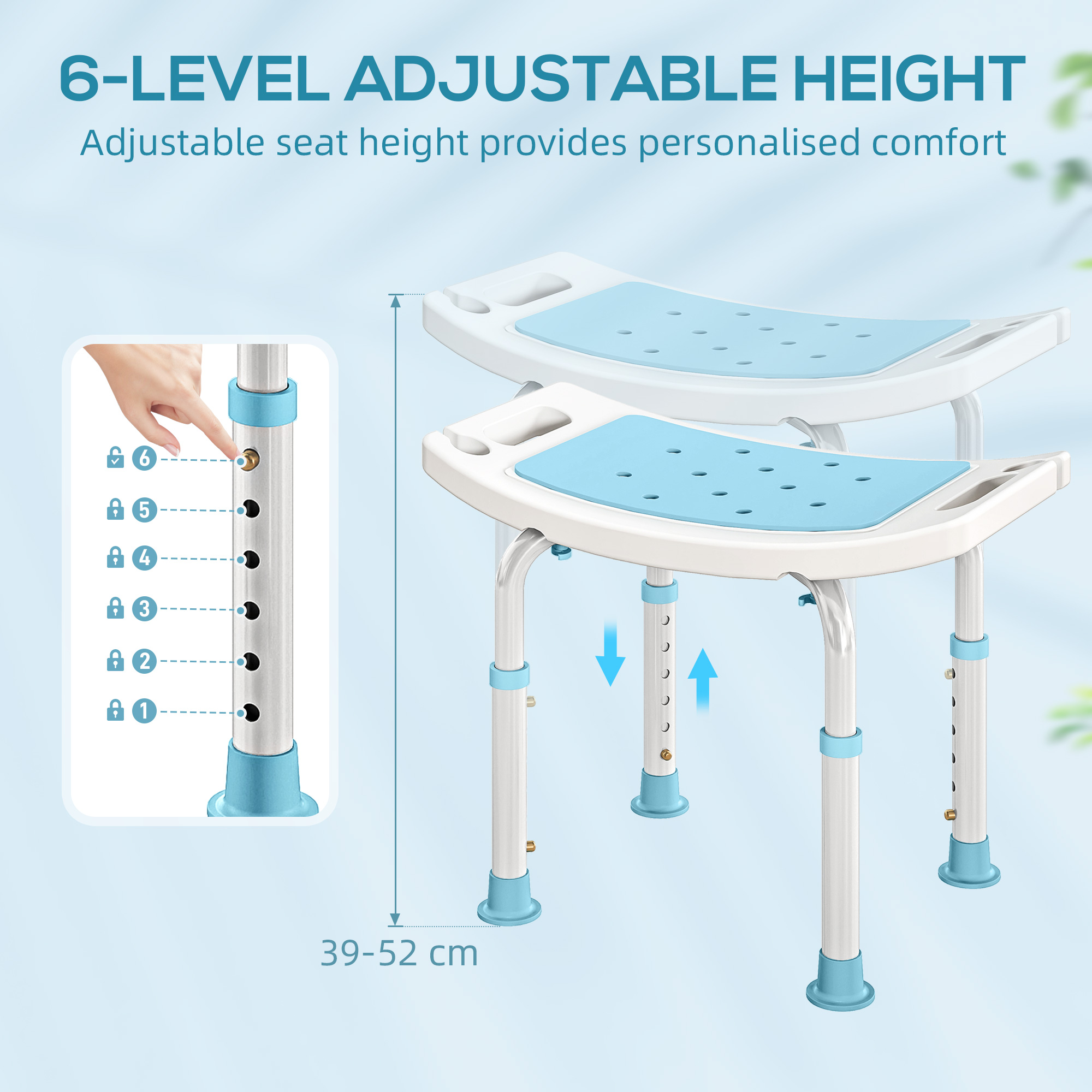 HOMCOM Shower Chair, Adjustable Height Shower Stool with Aluminium Frame and Non-Slip Feet, Bathtub Stool Seat for Elderly Disabled Handicap, Turquoise 5