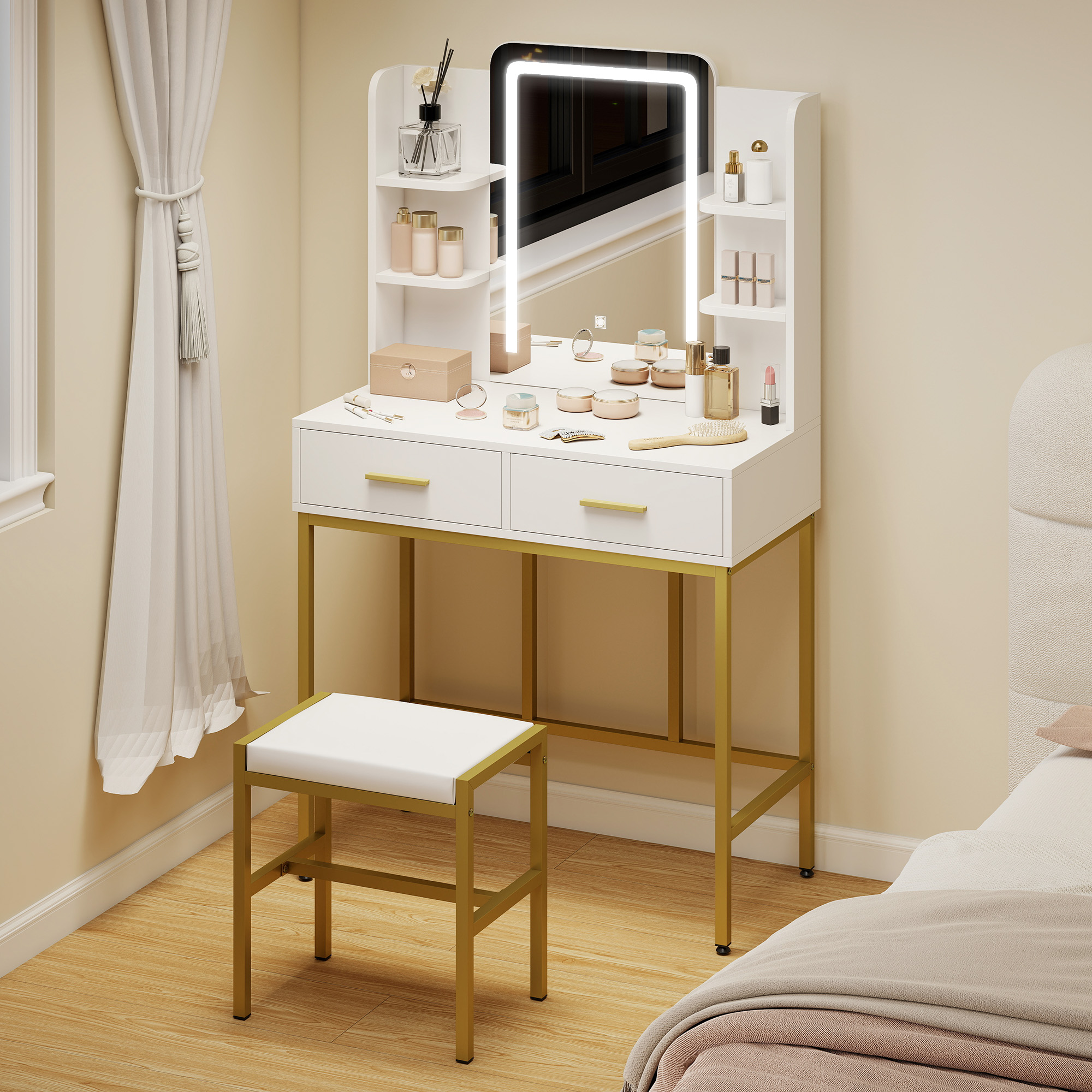 HOMCOM LED Light Dressing Table, with Stool White 8