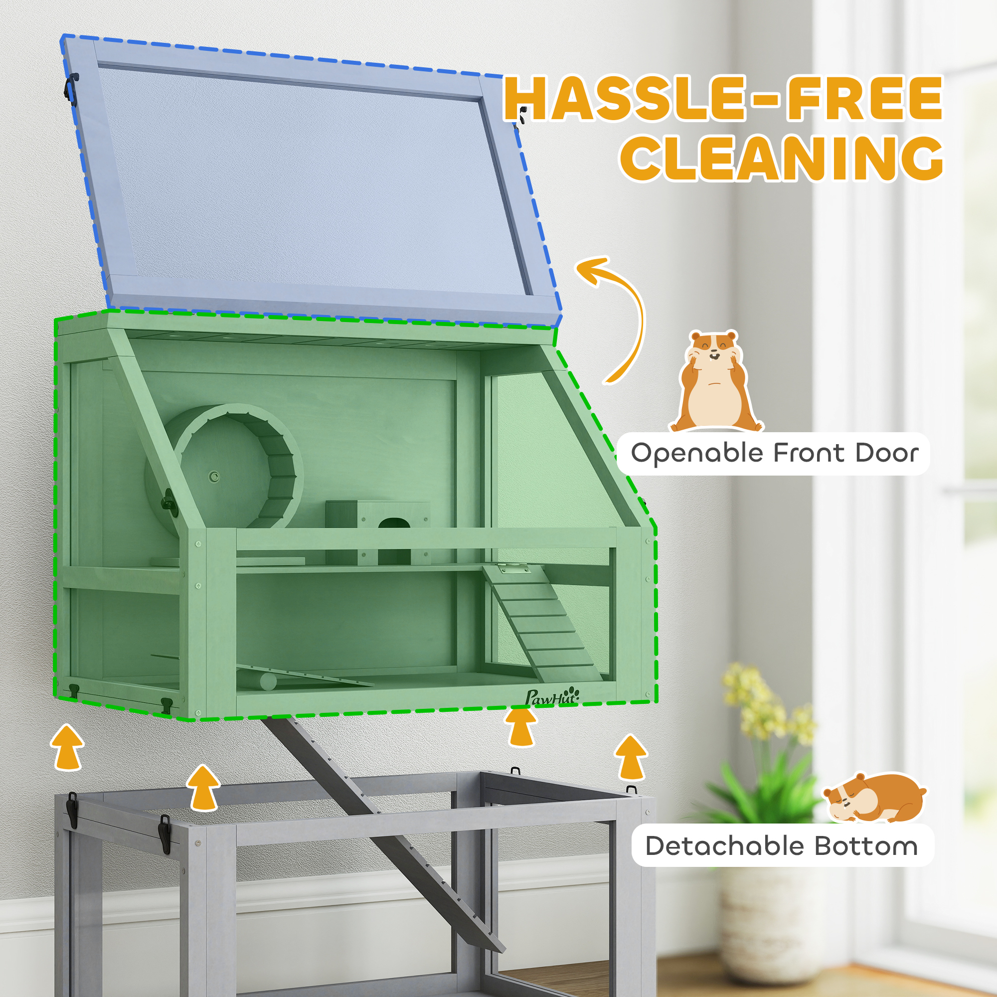PawHut Wooden Hamster Cage with Detachable 32cm Deep Bottom, Hut, Seesaw, Exercise Wheel, Ramp, 60 x 40 x 75cm, Light Grey 6