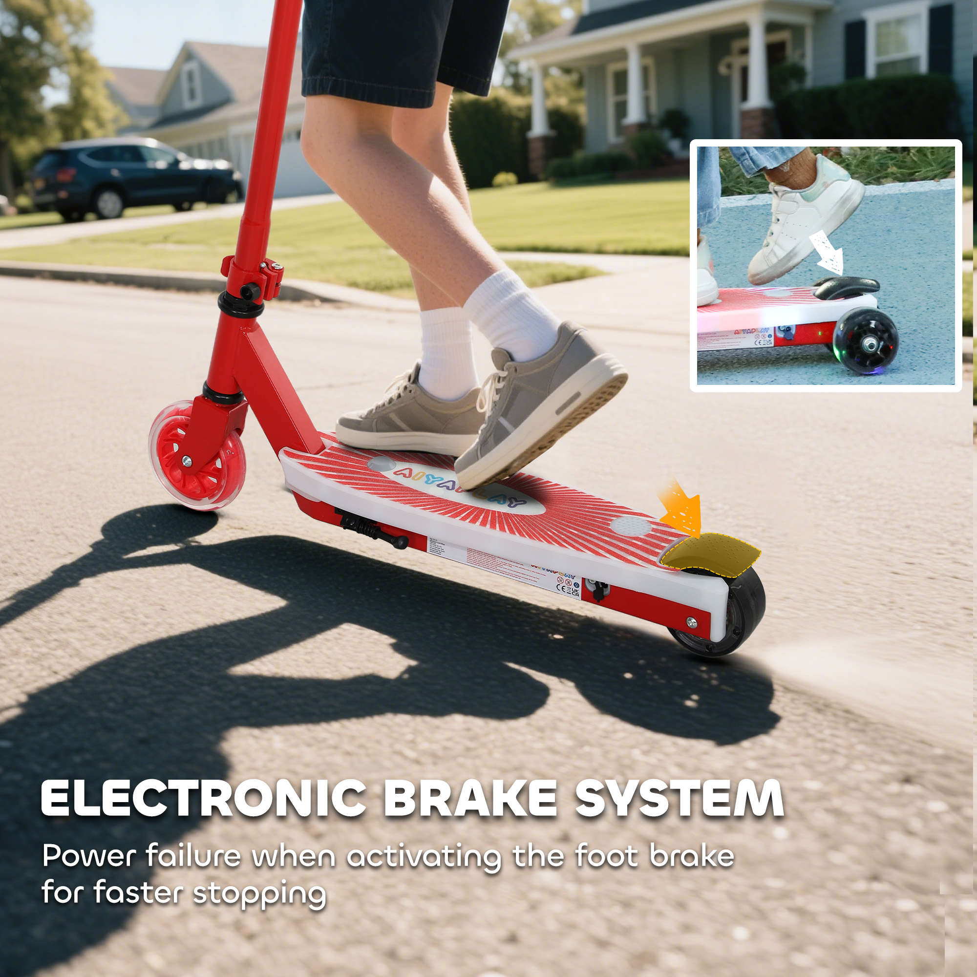 AIYAPLAY Electric Scooter for Kids Aged 4-7 Years, with Flashing LED Lights, Rear Auxiliary Wheels, Red 8