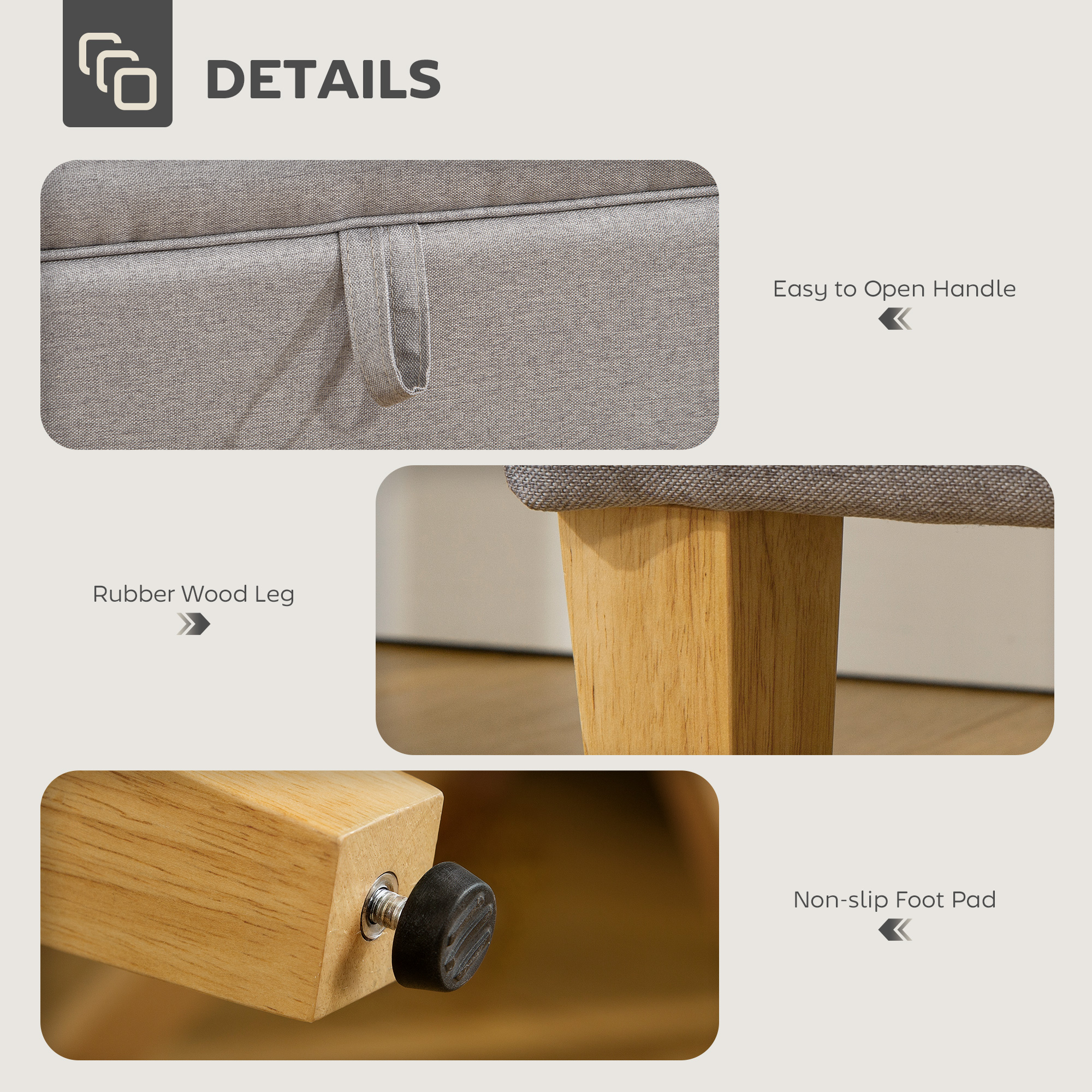 HOMCOM 30L Linen Storage Ottoman Padded Footstool with Rubberwood Legs for Storage Box, Bed End, Shoe Bench, Seating, Light Grey 6
