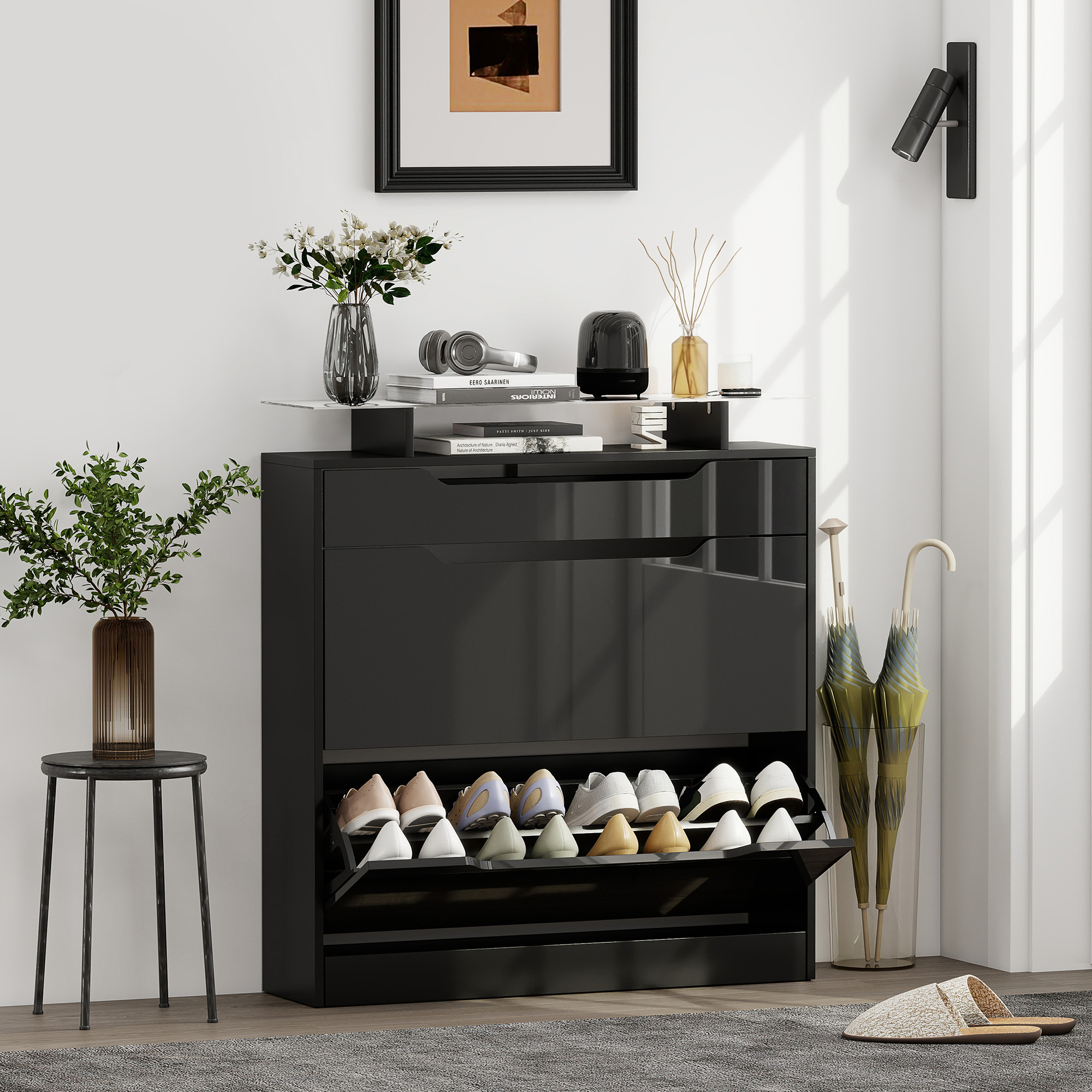 HOMCOM Shoe Storage Cabinet with Slide Out Drawer, 2 Flip Doors, Tempered Glass Top Black 2