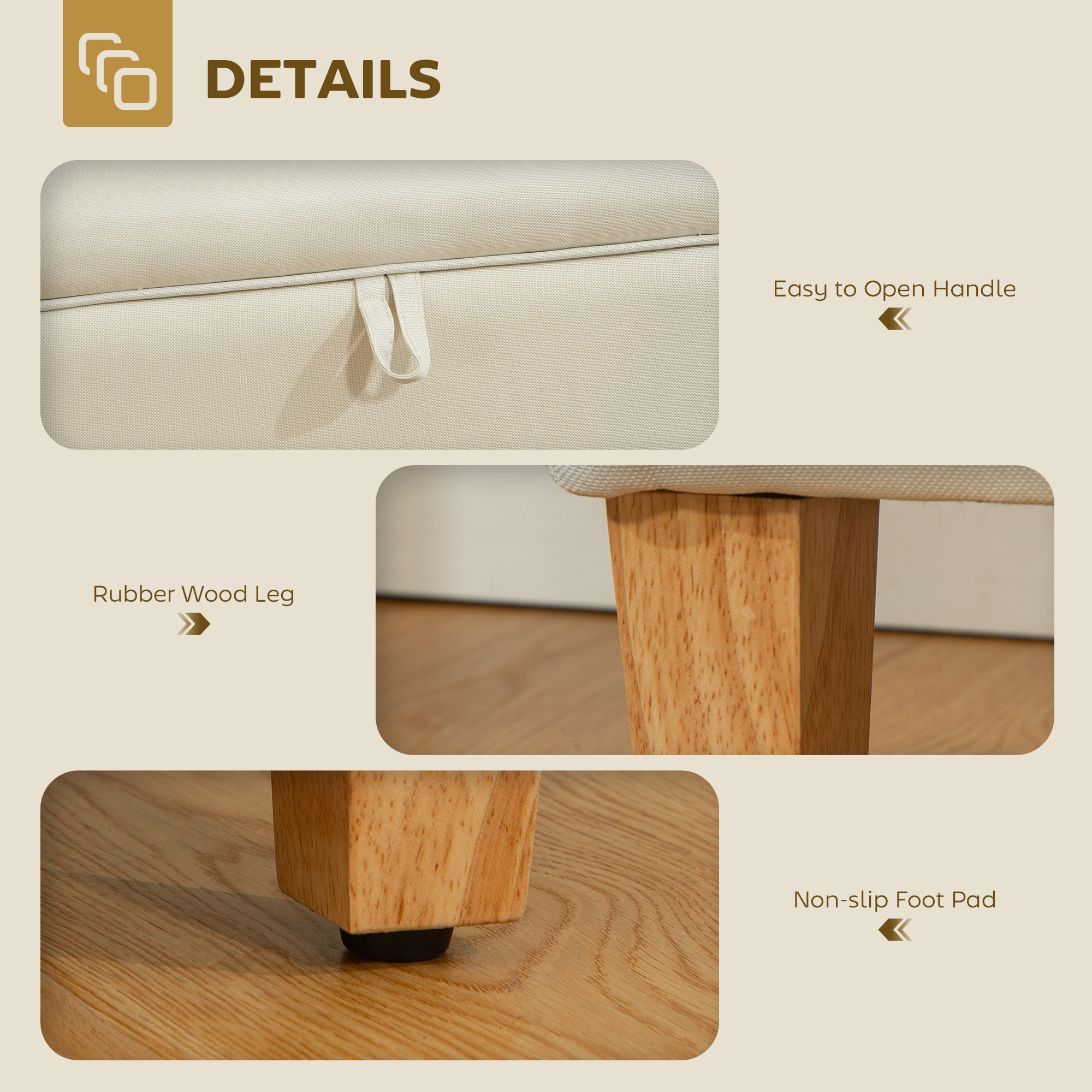 HOMCOM 30L Linen Storage Ottoman Padded Footstool with Rubberwood Legs for Storage Box, Bed End, Shoe Bench, Seating, Beige 6