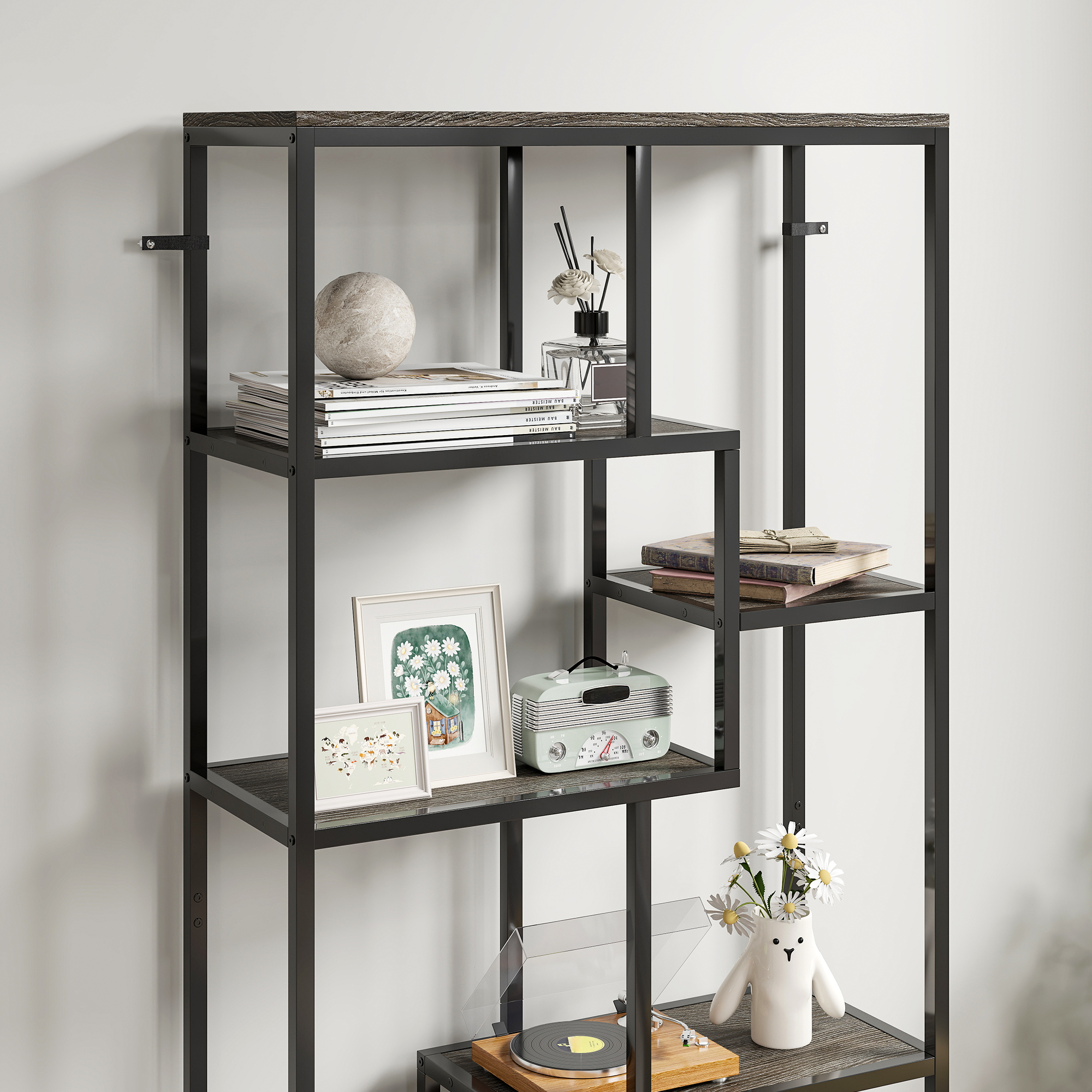 HOMCOM Seven-Tier Geometric Bookcase Grey/Black 9