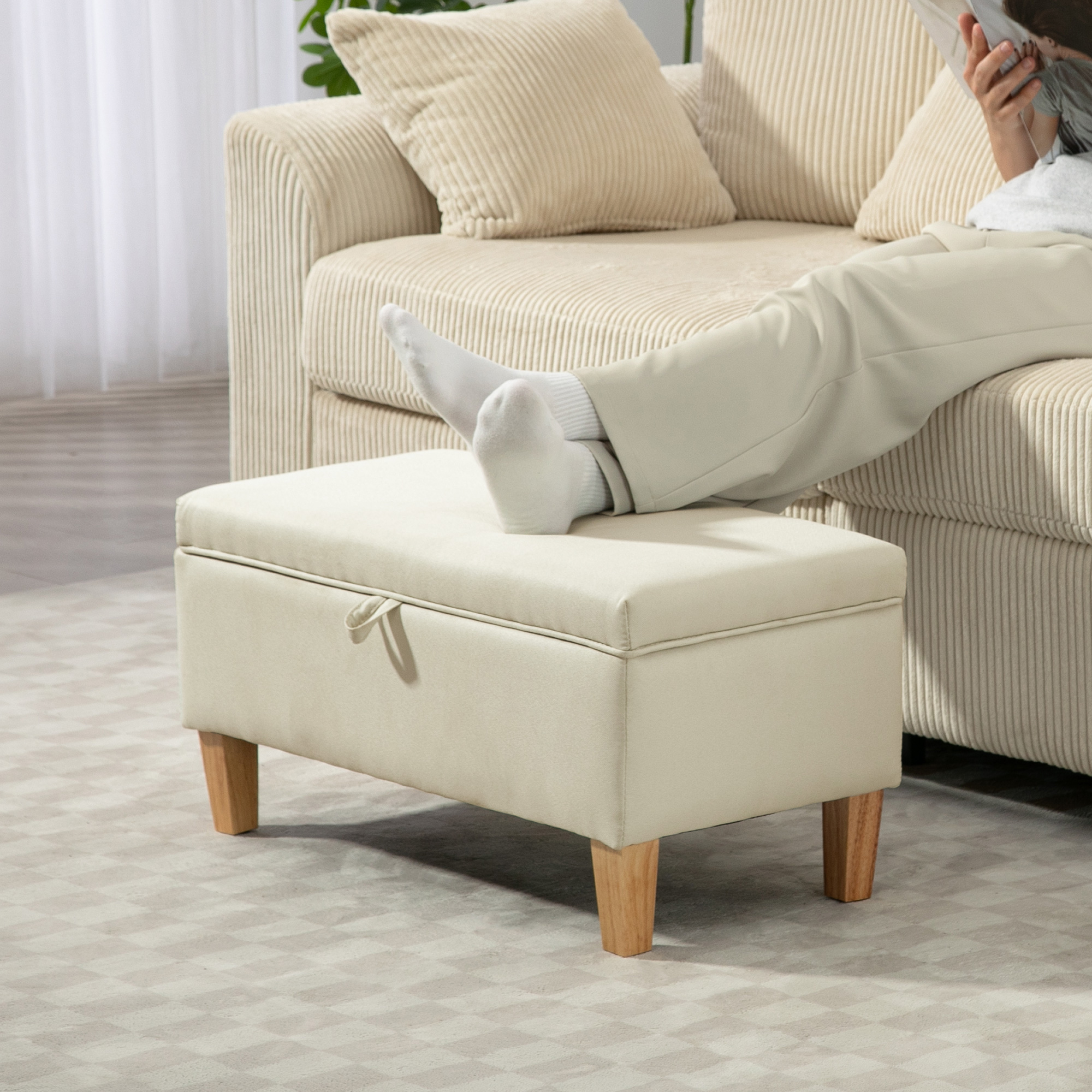 HOMCOM 30L Linen Storage Ottoman Padded Footstool with Rubberwood Legs for Storage Box, Bed End, Shoe Bench, Seating, Beige 8