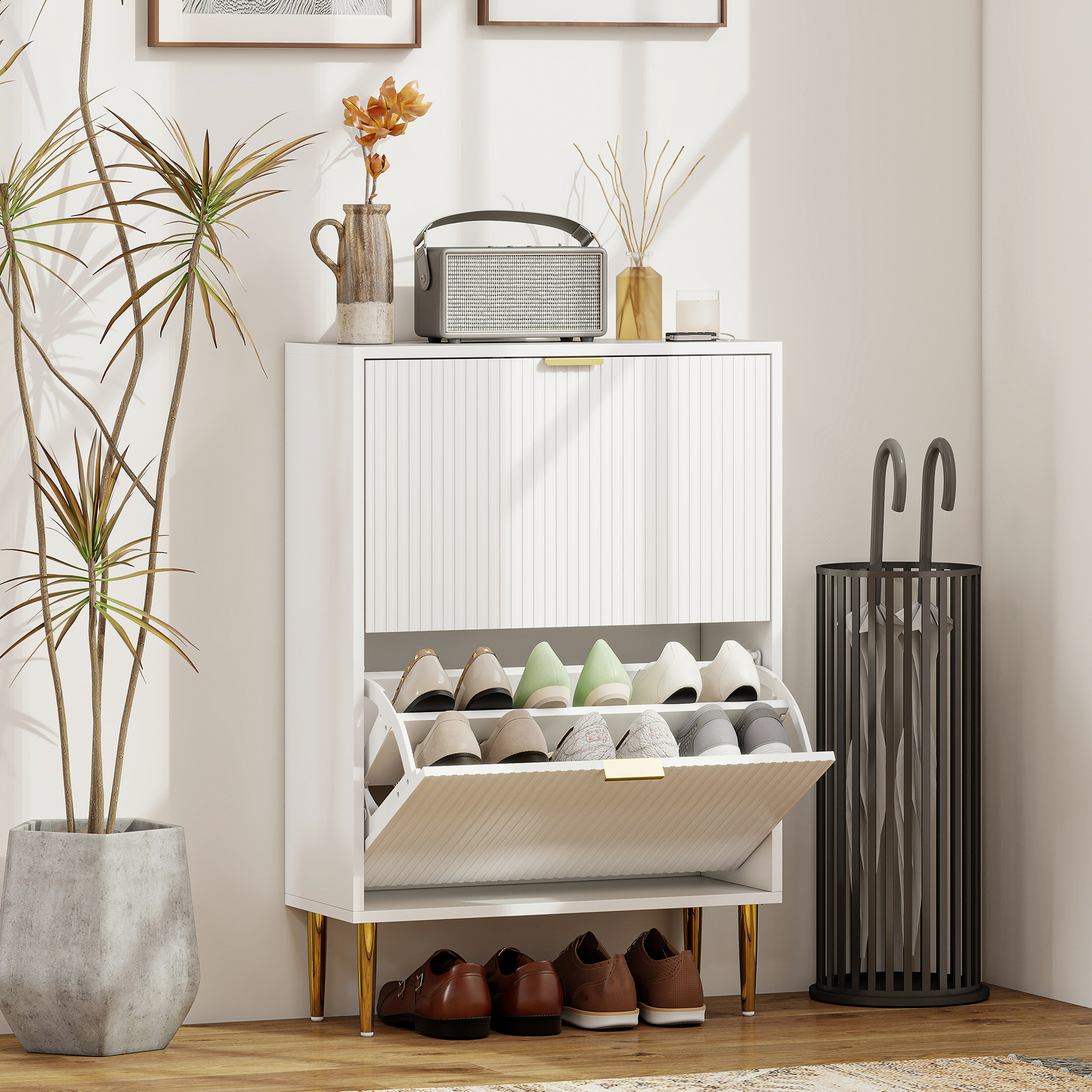 HOMCOM Narrow Shoe Cabinet with 2 Flip Drawers White 2