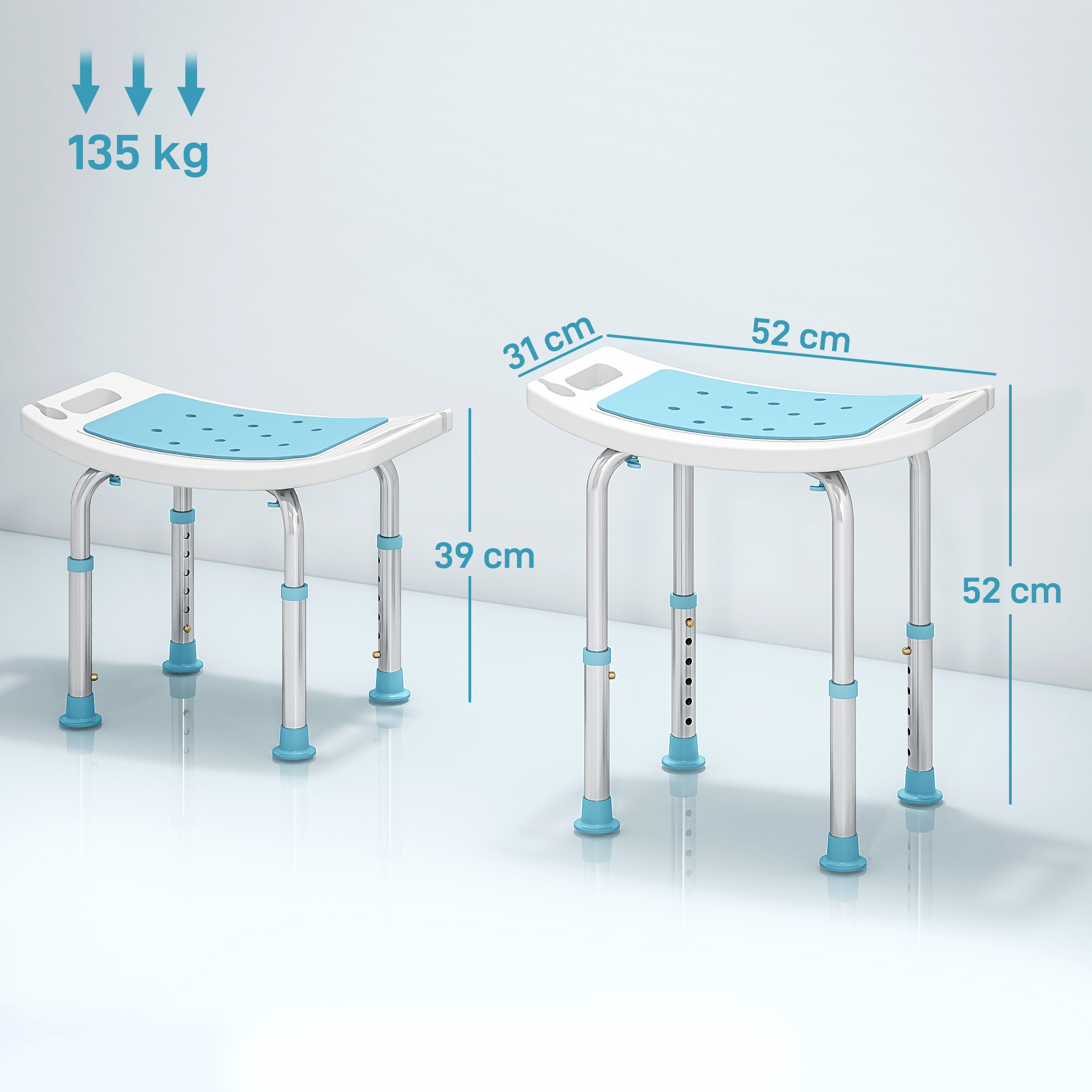 HOMCOM Shower Chair, Adjustable Height Shower Stool with Aluminium Frame and Non-Slip Feet, Bathtub Stool Seat for Elderly Disabled Handicap, Turquoise 3