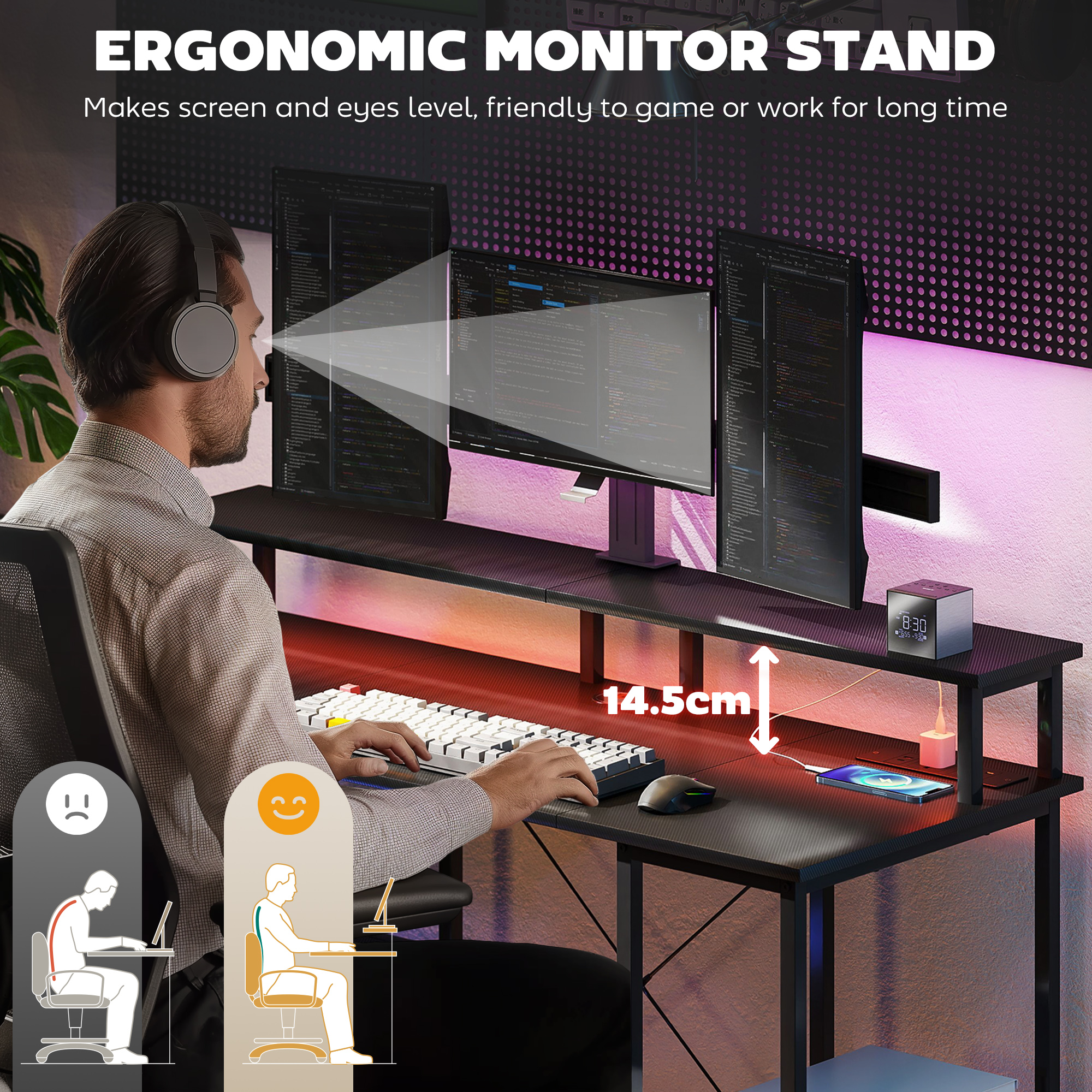 HOMCOM LED Computer Desk, with Power Outlets and Shelves Carbon Fibre Grey 6