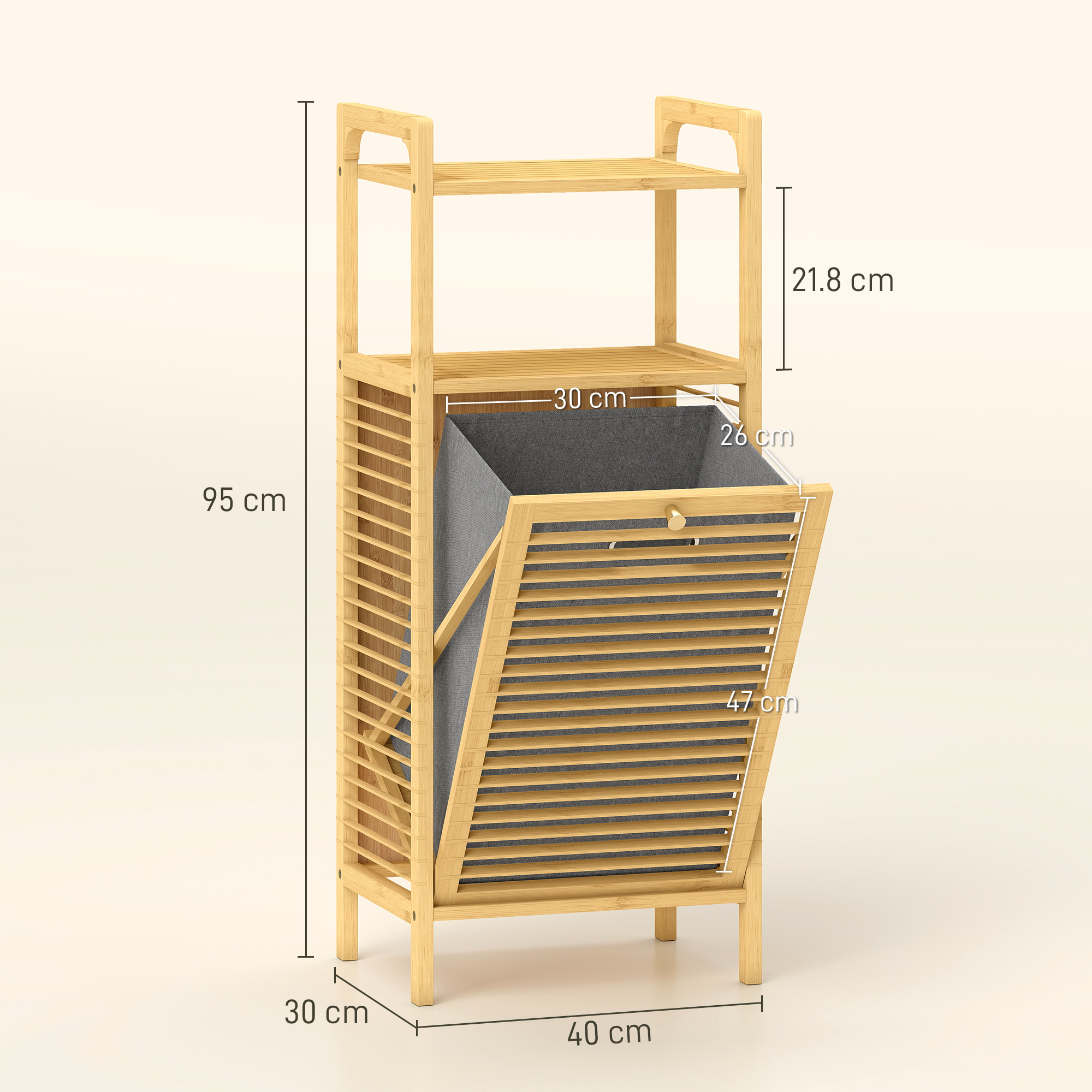 HOMCOM Bamboo Laundry Cabinet with Slatted Door, Bathroom Cabinet with Tilt-Out Hamper and Removable Liner Bag, 40 x 30D x 95 cm, Natural Wood Finish 3