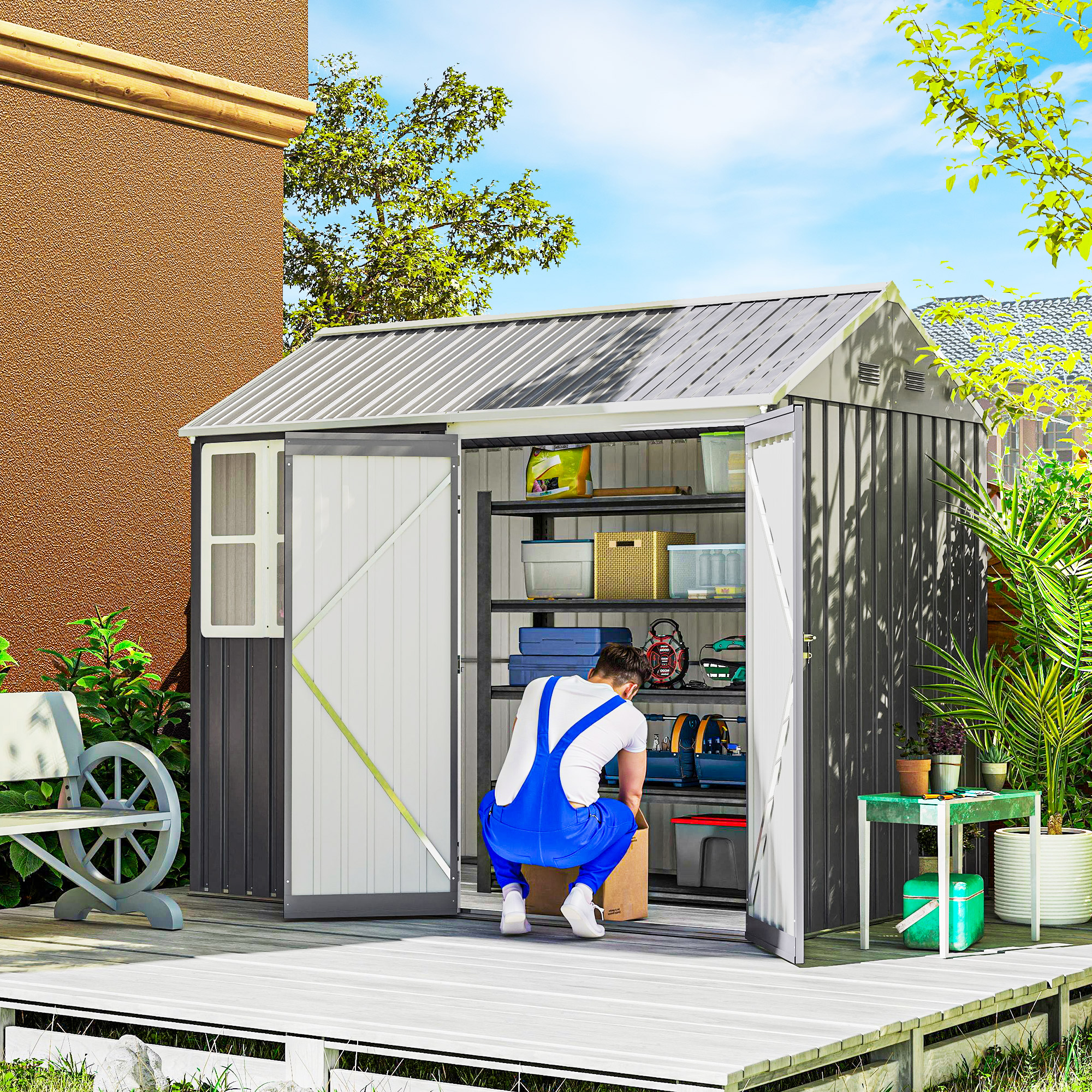Outsunny 8 x 6 ft Galvanised Garden Shed, Outsoor Metal Storage Shed with Double Doors Window Air Vents for Patio, Lawn, Grey 2
