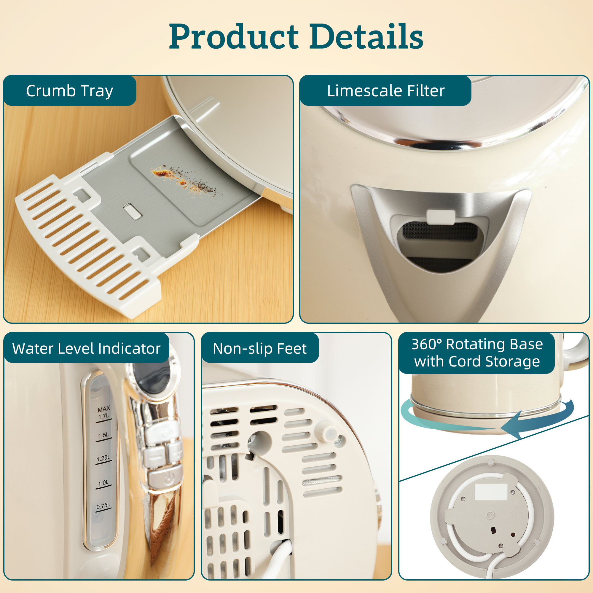 HOMCOM Polished Retro 40-100°C Kettle and Toaster Set Cream 9