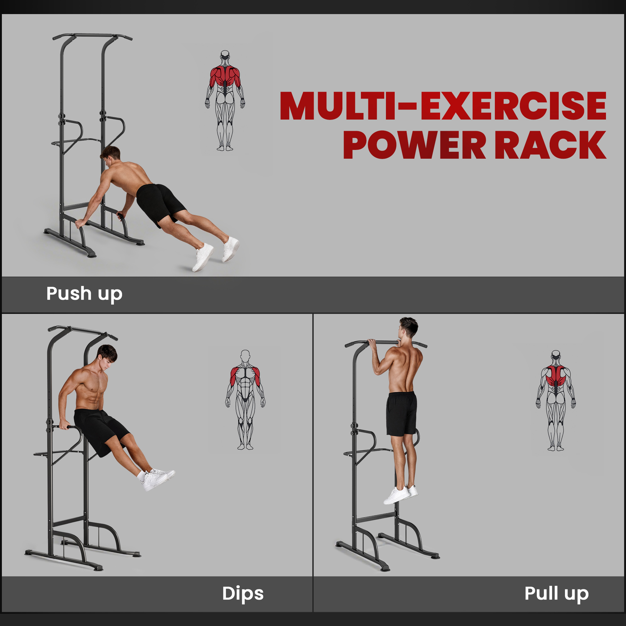 HOMCOM Power Tower Dip Station Pull Up Bar Multi-Function Push Up Equipment with Adjustable Height for Home Gym Strength Training Workout Fitness 4